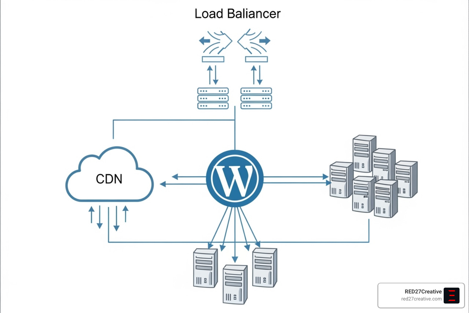 Network diagram showing load balancers, multiple servers, and a CDN feeding into a central WordPress icon, illustrating enterprise infrastructure. - Enterprise WordPress solutions Network diagram showing load balancers, multiple servers, and a CDN feeding into a central WordPress icon, illustrating enterprise infrastructure. - Enterprise WordPress solutions