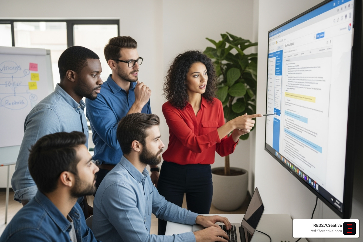 Diverse marketing team collaborating around a large screen displaying a WordPress content editor, emphasizing ease of use and collaboration. - Enterprise WordPress solutions Diverse marketing team collaborating around a large screen displaying a WordPress content editor, emphasizing ease of use and collaboration. - Enterprise WordPress solutions