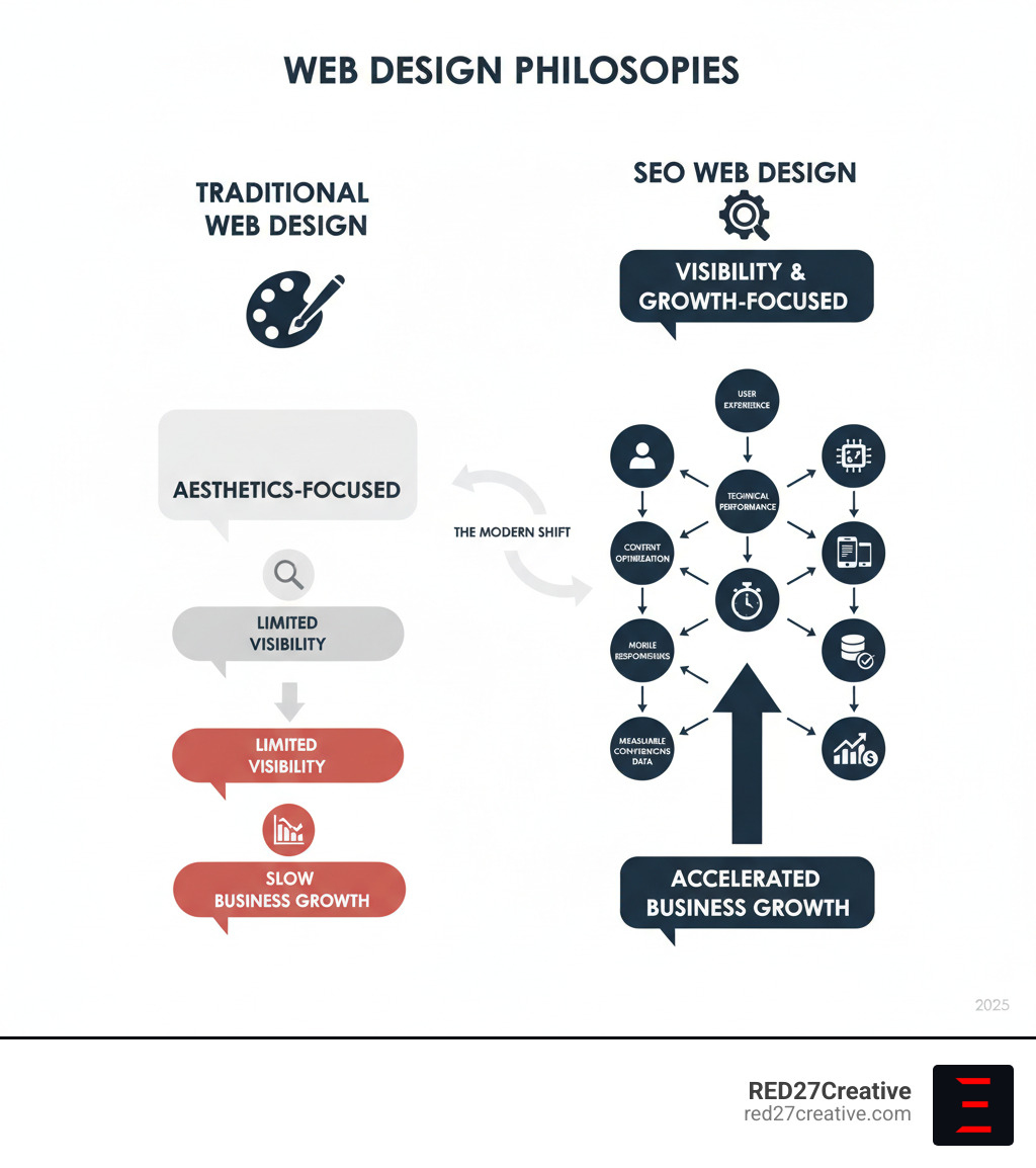 infographic showing the key differences between traditional web design focused on aesthetics versus SEO web design focused on visibility, user experience, technical performance, content optimization, mobile responsiveness, page speed, structured data, and measurable conversions with arrows connecting each element to business growth outcomes - SEO website design infographic infographic showing the key differences between traditional web design focused on aesthetics versus SEO web design focused on visibility, user experience, technical performance, content optimization, mobile responsiveness, page speed, structured data, and measurable conversions with arrows connecting each element to business growth outcomes - SEO website design infographic