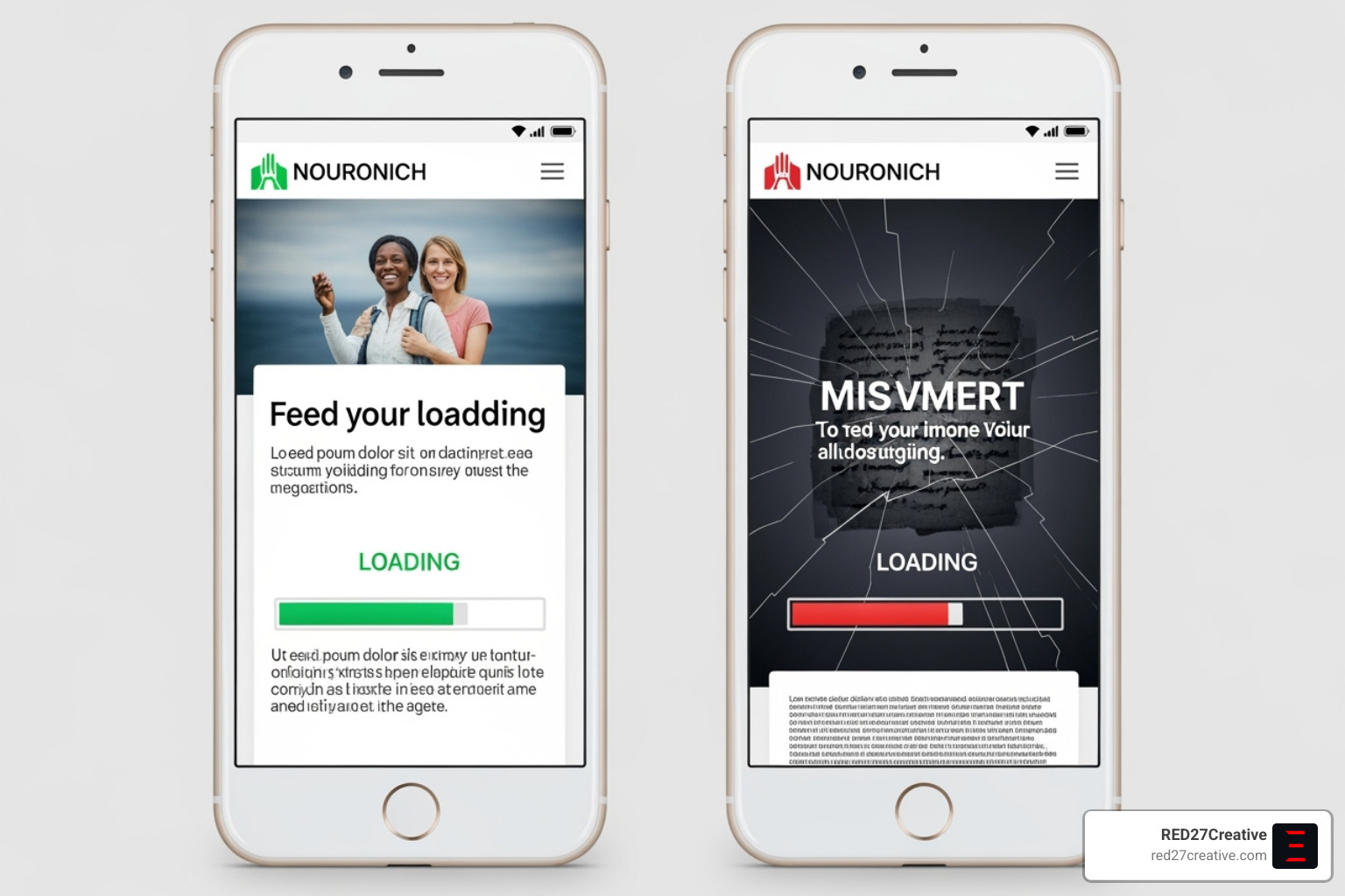 comparing a fast-loading mobile site next to a slow, poorly formatted one - SEO website design comparing a fast-loading mobile site next to a slow, poorly formatted one - SEO website design