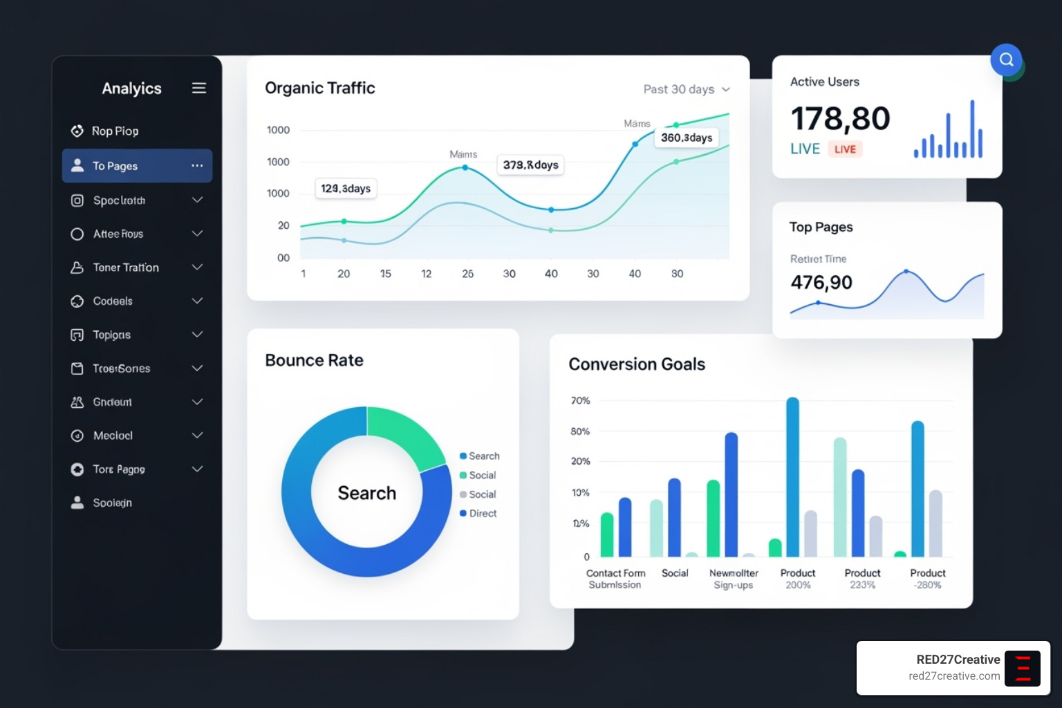 Google Analytics dashboard highlighting organic traffic, bounce rate, and conversion goals - SEO website design Google Analytics dashboard highlighting organic traffic, bounce rate, and conversion goals - SEO website design