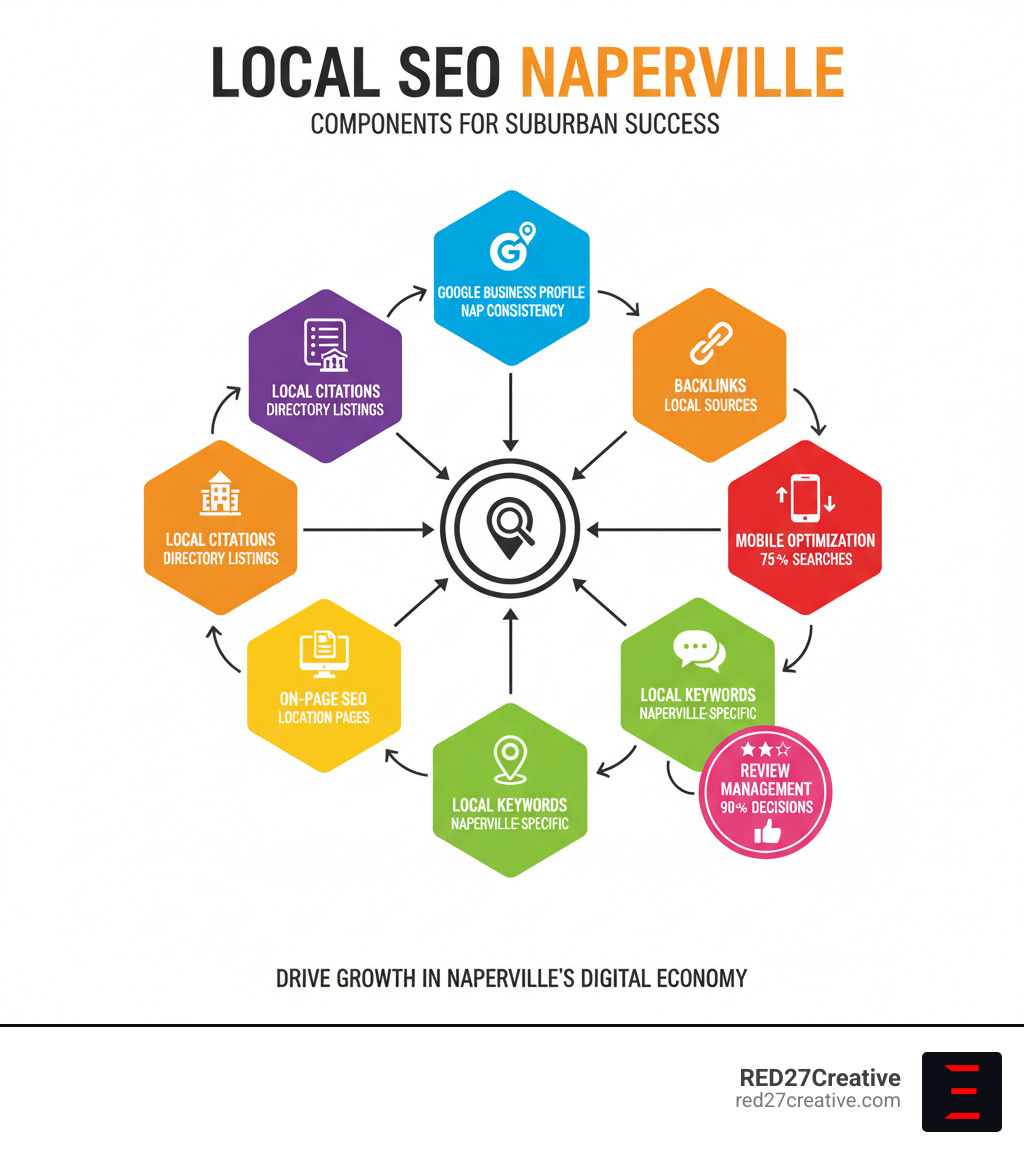 Infographic showing the core components of local SEO: Google Business Profile optimization with NAP consistency, local keyword research targeting Naperville-specific terms, on-page SEO with location pages, local citation building across directories, backlink acquisition from local sources, mobile optimization for 75%+ smartphone searches, and review management to influence 90%+ of purchase decisions - local SEO Naperville infographic Infographic showing the core components of local SEO: Google Business Profile optimization with NAP consistency, local keyword research targeting Naperville-specific terms, on-page SEO with location pages, local citation building across directories, backlink acquisition from local sources, mobile optimization for 75%+ smartphone searches, and review management to influence 90%+ of purchase decisions - local SEO Naperville infographic