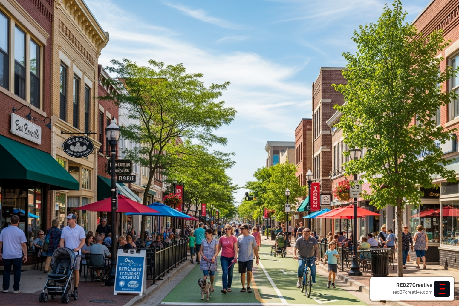 A bustling street in downtown Naperville, IL, with local shops, restaurants, and pedestrians - local SEO Naperville A bustling street in downtown Naperville, IL, with local shops, restaurants, and pedestrians - local SEO Naperville