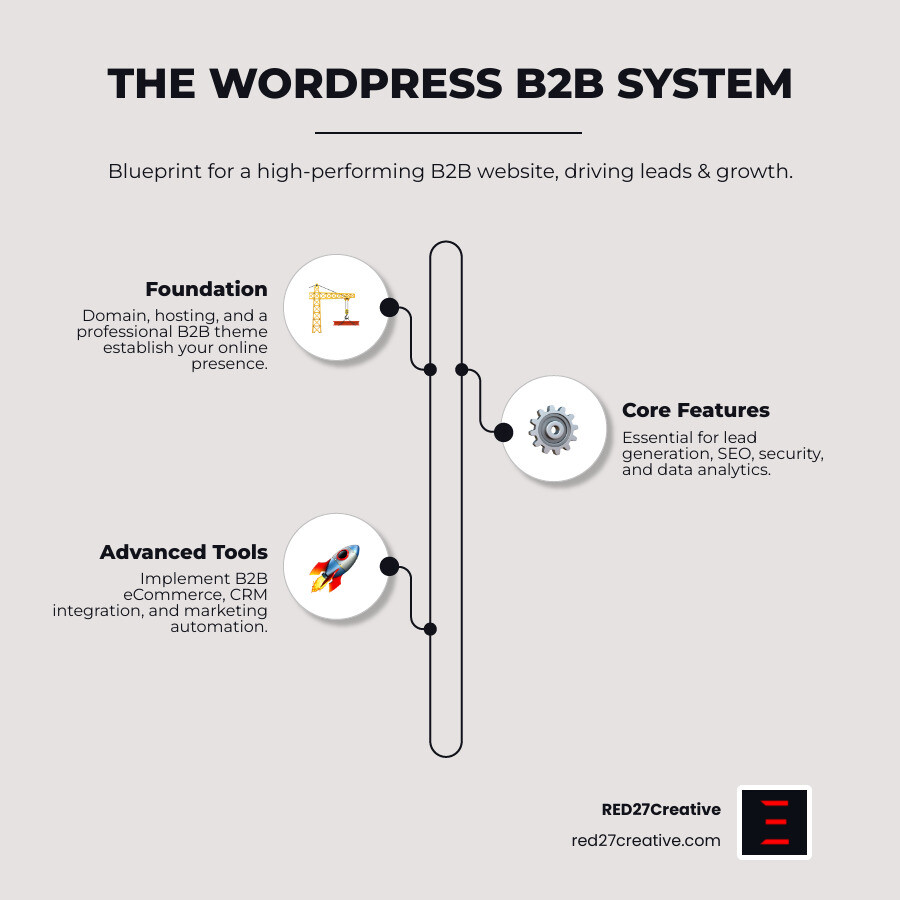 Infographic showing the complete WordPress B2B website system: Foundation (Domain + Hosting + Theme), Core Features (Lead Generation + SEO + Security + Analytics), Advanced Tools (WooCommerce + CRM Integration + Automation), and Results (Qualified Leads + Market Visibility + Measurable ROI) - WordPress B2B website infographic infographic-line-3-steps-elegant_beige Infographic showing the complete WordPress B2B website system: Foundation (Domain + Hosting + Theme), Core Features (Lead Generation + SEO + Security + Analytics), Advanced Tools (WooCommerce + CRM Integration + Automation), and Results (Qualified Leads + Market Visibility + Measurable ROI) - WordPress B2B website infographic infographic-line-3-steps-elegant_beige