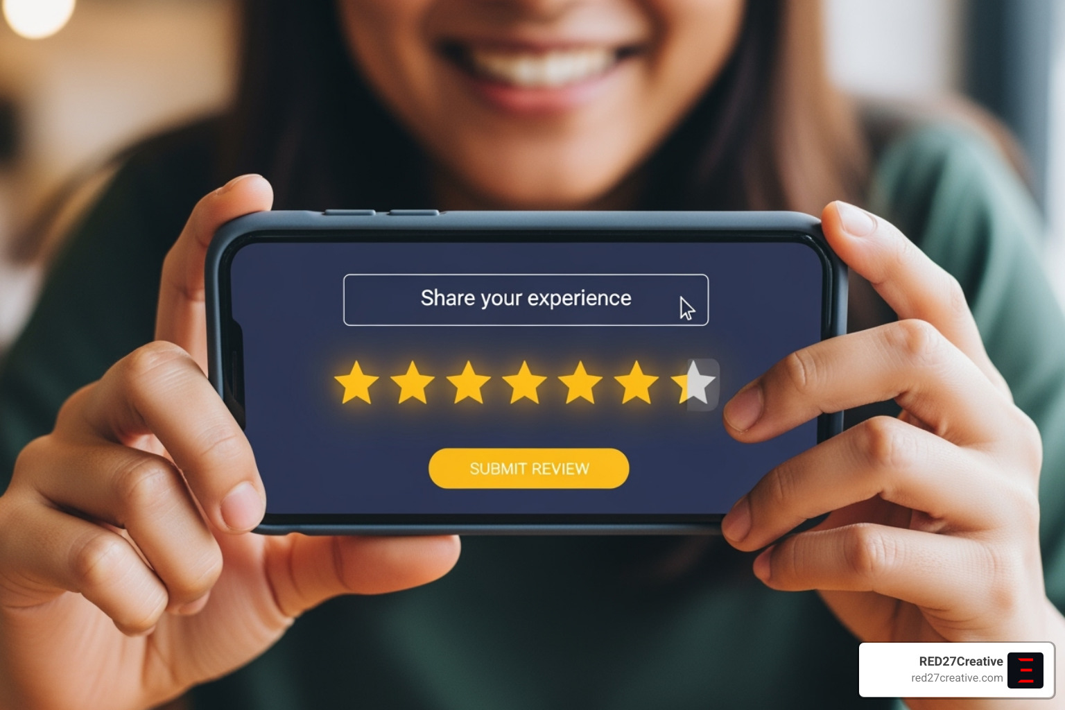 A customer happily leaving a 5-star review on their smartphone, highlighting the importance of online feedback - local SEO Naperville A customer happily leaving a 5-star review on their smartphone, highlighting the importance of online feedback - local SEO Naperville