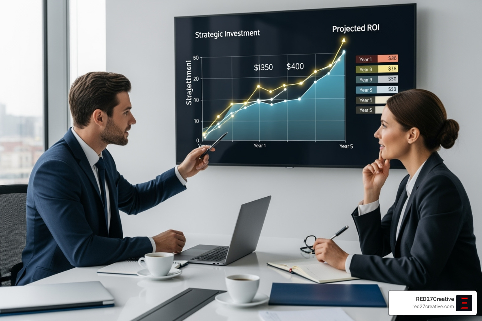 A consultant and a client reviewing a financial projection chart, symbolizing strategic investment and ROI. - Marketing strategy consultant A consultant and a client reviewing a financial projection chart, symbolizing strategic investment and ROI. - Marketing strategy consultant