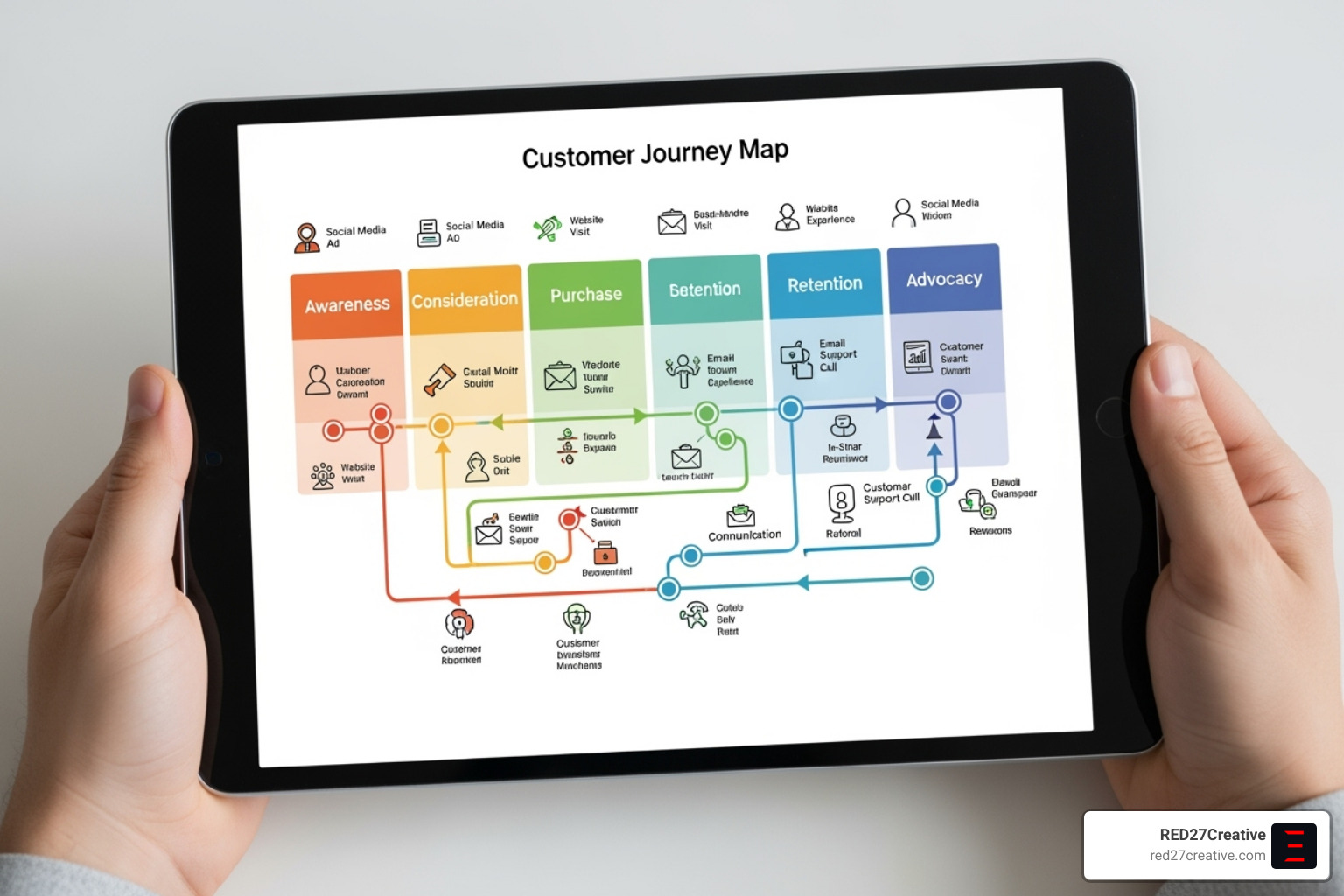 A detailed customer journey map displayed on a digital tablet, highlighting various touchpoints and customer interactions. - Marketing strategy consultant A detailed customer journey map displayed on a digital tablet, highlighting various touchpoints and customer interactions. - Marketing strategy consultant