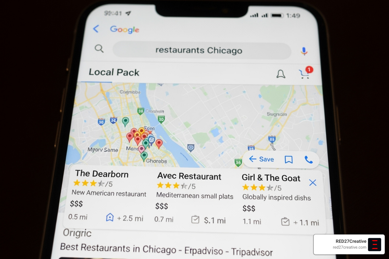 Google search results showing the Local Pack for "restaurants Chicago" - local SEO Chicago Google search results showing the Local Pack for "restaurants Chicago" - local SEO Chicago