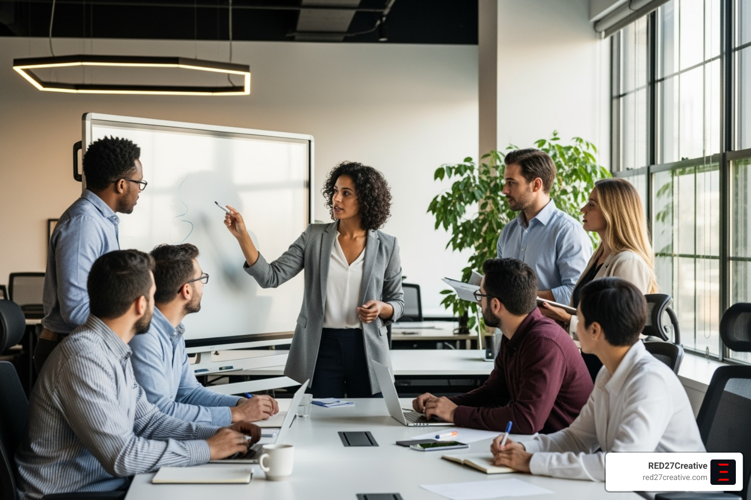 A team collaborating around a whiteboard with a fractional CMO, showing strategic planning and goal setting - Hire fractional CMO A team collaborating around a whiteboard with a fractional CMO, showing strategic planning and goal setting - Hire fractional CMO