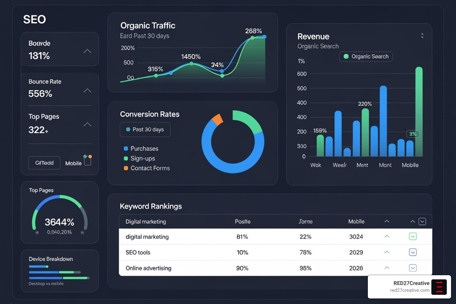 SEO dashboard with key performance metrics. Alt text: "A digital dashboard displaying various SEO metrics including organic traffic, conversion rates, revenue, and keyword rankings, highlighting the performance of an online marketing campaign." - National & Enterprise SEO Services SEO dashboard with key performance metrics. Alt text: "A digital dashboard displaying various SEO metrics including organic traffic, conversion rates, revenue, and keyword rankings, highlighting the performance of an online marketing campaign." - National & Enterprise SEO Services