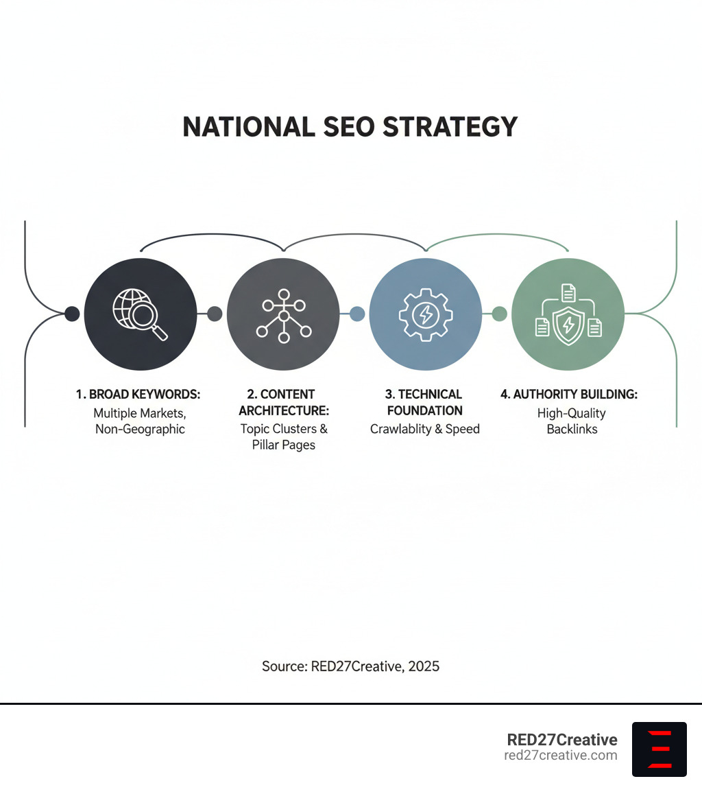 Infographic showing the core components of national SEO strategy: broad keyword targeting across multiple markets, content architecture built on topic clusters and pillar pages, technical foundation optimized for crawlability and speed, and authority-building through high-quality backlinks from industry publications - SEO for national brands infographic Infographic showing the core components of national SEO strategy: broad keyword targeting across multiple markets, content architecture built on topic clusters and pillar pages, technical foundation optimized for crawlability and speed, and authority-building through high-quality backlinks from industry publications - SEO for national brands infographic