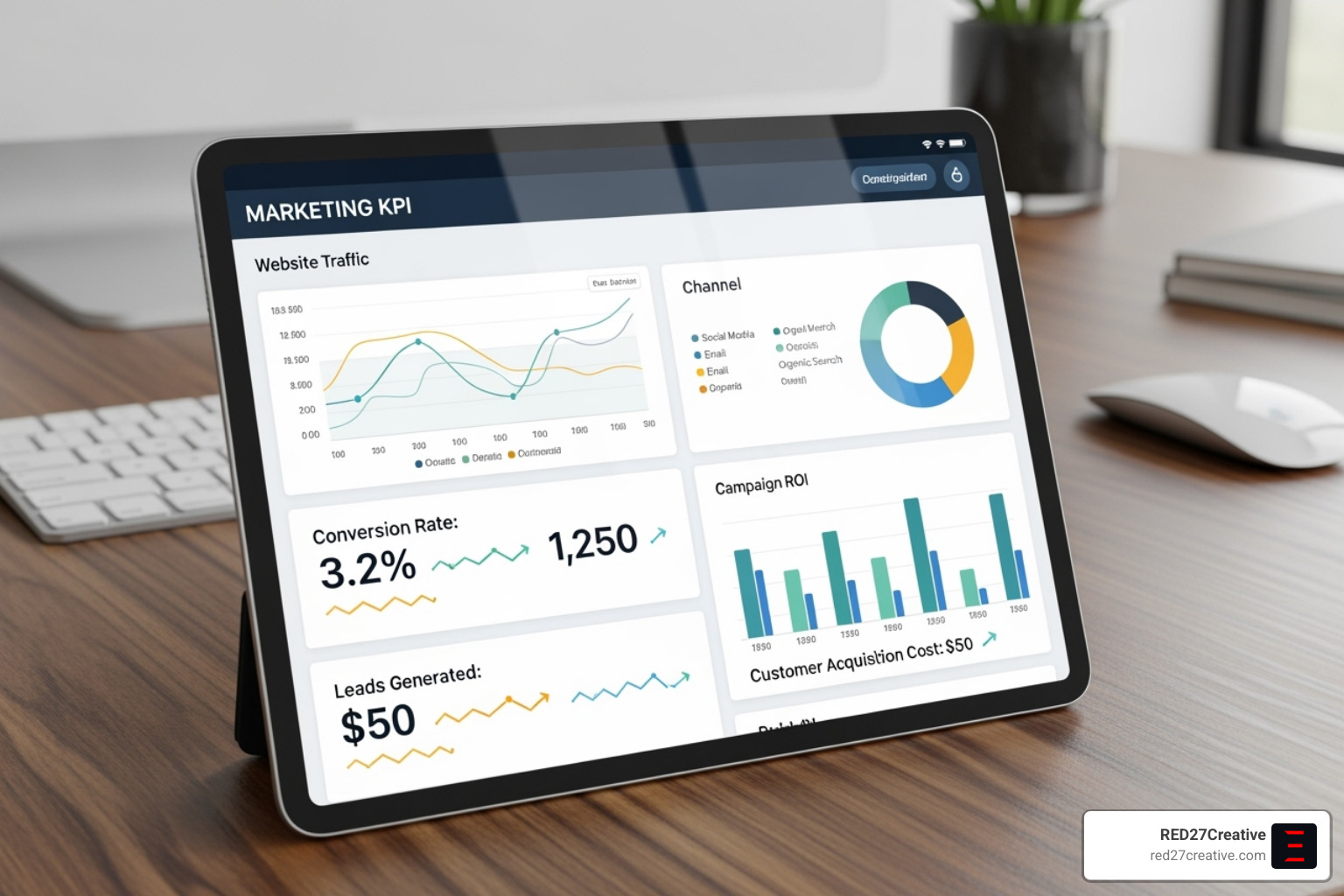Marketing KPI dashboard on a tablet displaying key metrics - Fractional CMO services Marketing KPI dashboard on a tablet displaying key metrics - Fractional CMO services