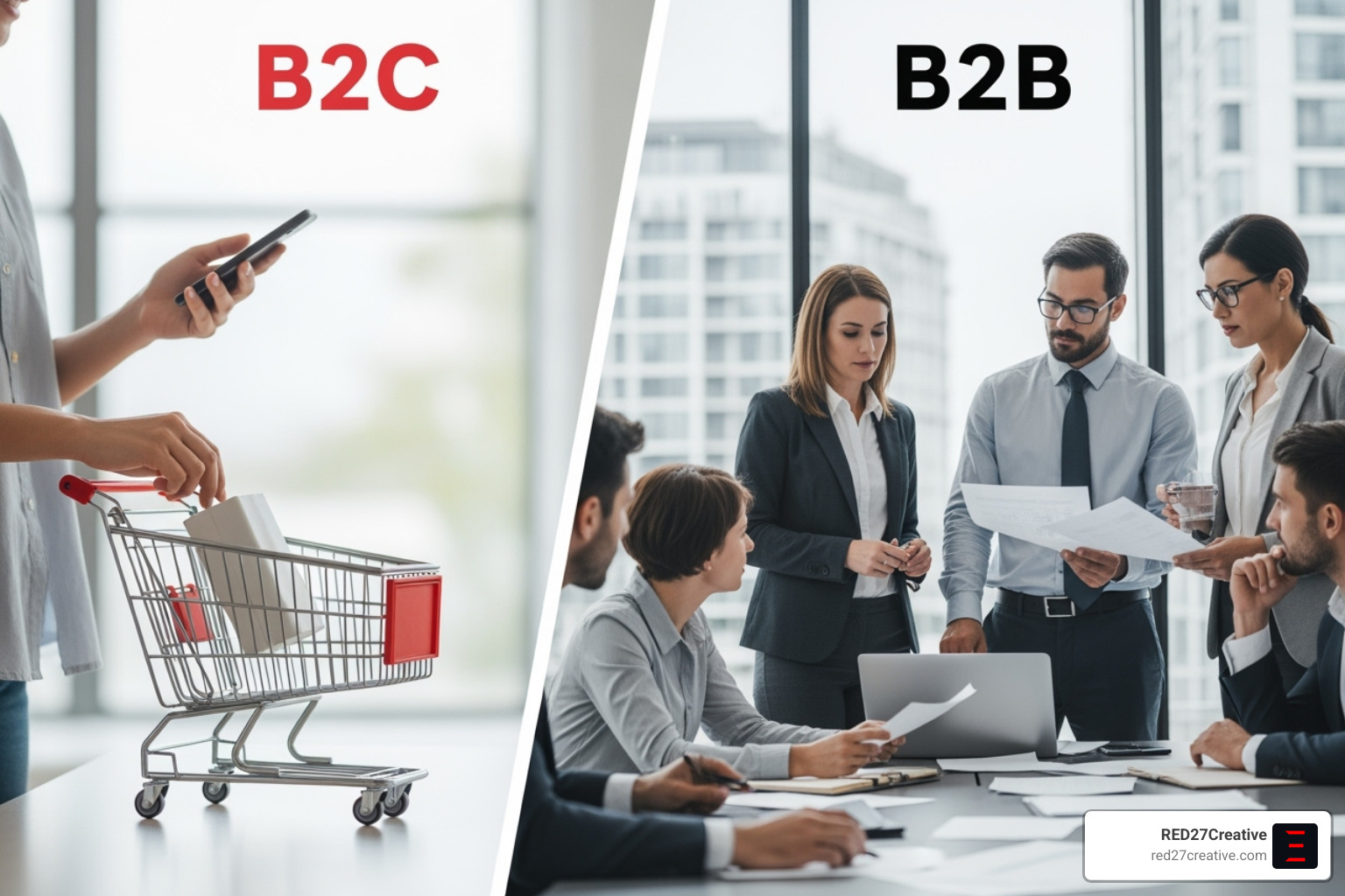 Split-screen diagram comparing a simple B2C impulse buy with a complex B2B buying committee decision - B2B PPC services Split-screen diagram comparing a simple B2C impulse buy with a complex B2B buying committee decision - B2B PPC services