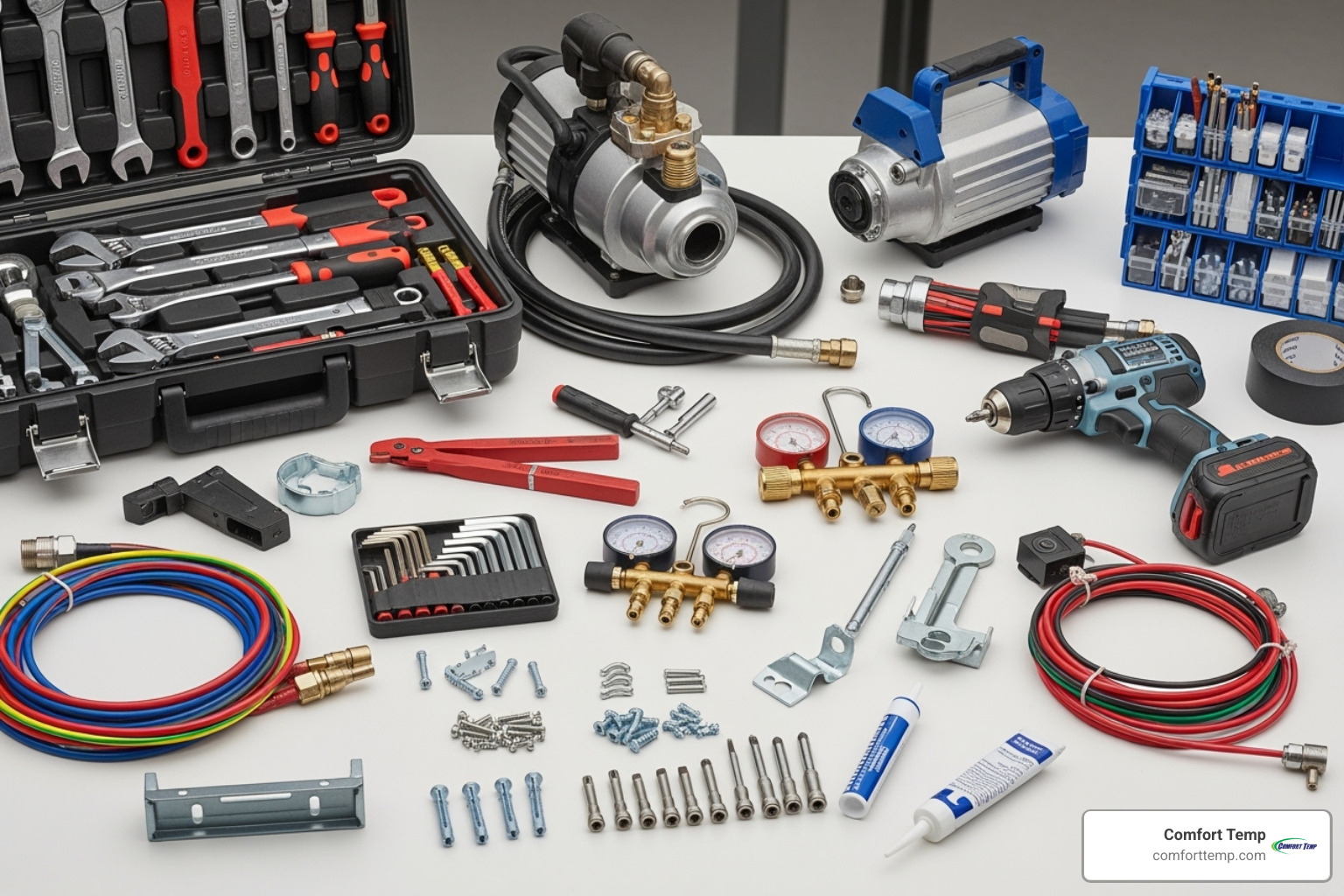 all necessary tools and materials for a mini split installation laid out neatly - aircon mini split installation all necessary tools and materials for a mini split installation laid out neatly - aircon mini split installation