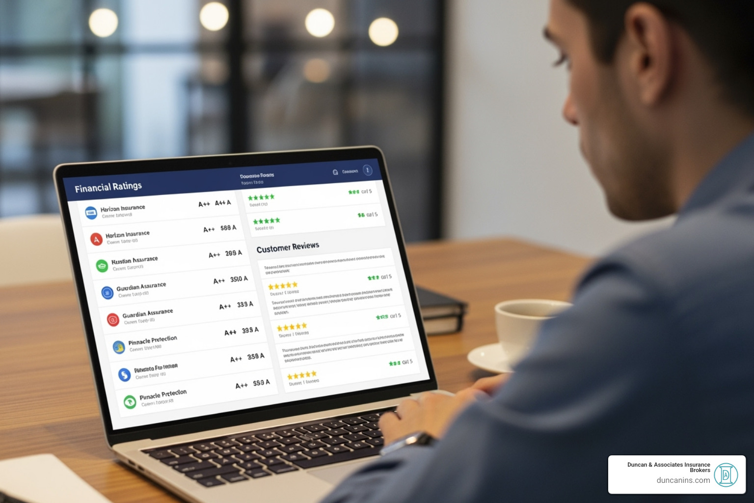 A person researching insurance companies on a laptop, with various financial ratings and customer reviews visible on the screen. - buying an annuity