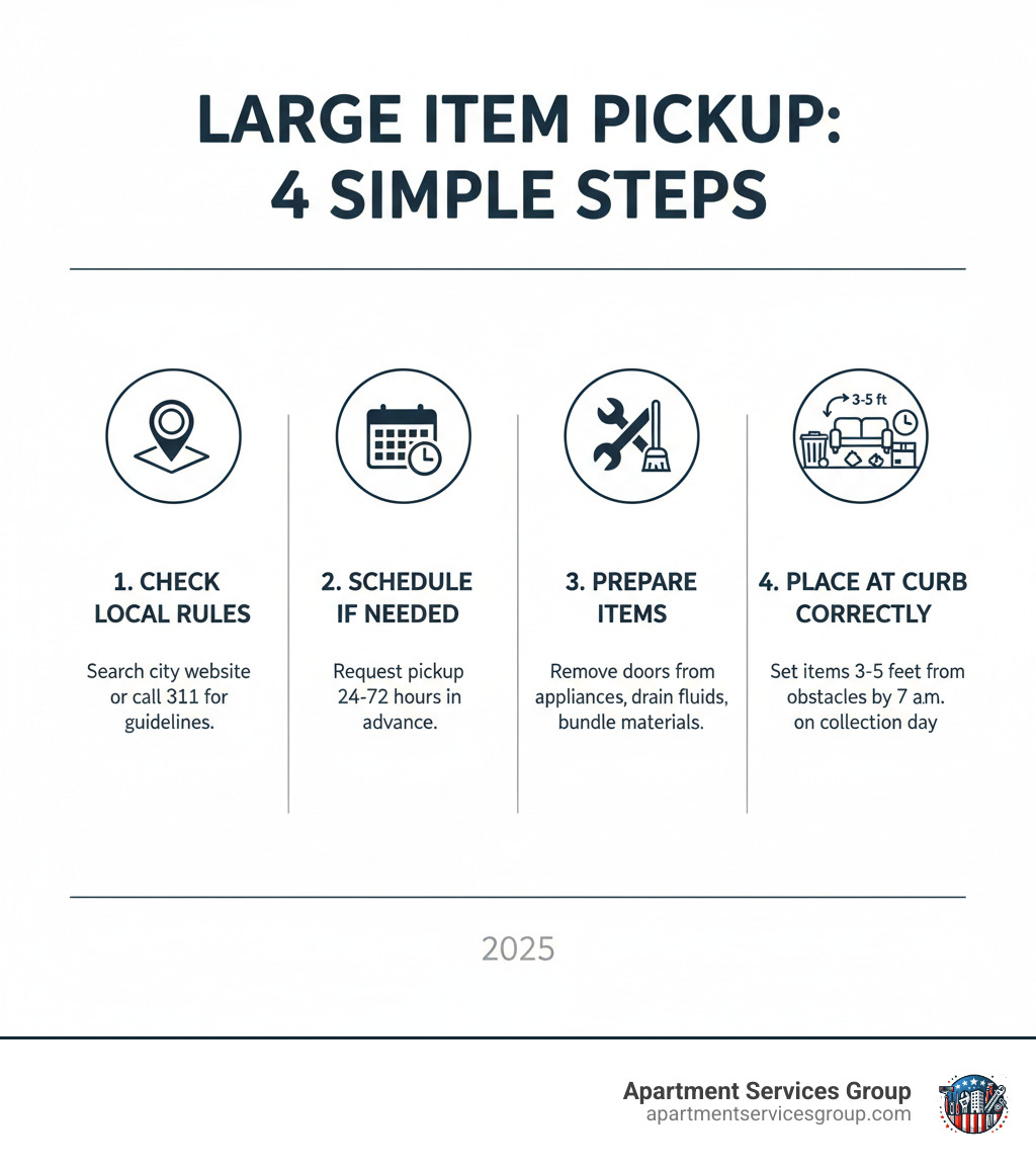 Infographic showing 4 main steps for large item pickup: 1. Check Local Rules (search city website or call 311 for guidelines), 2. Schedule If Needed (request pickup 24-72 hours in advance), 3. Prepare Items (remove doors from appliances, drain fluids, bundle materials), 4. Place at Curb Correctly (set items 3-5 feet from obstacles by 7 a.m. on collection day) - large item trash pickup infographic 