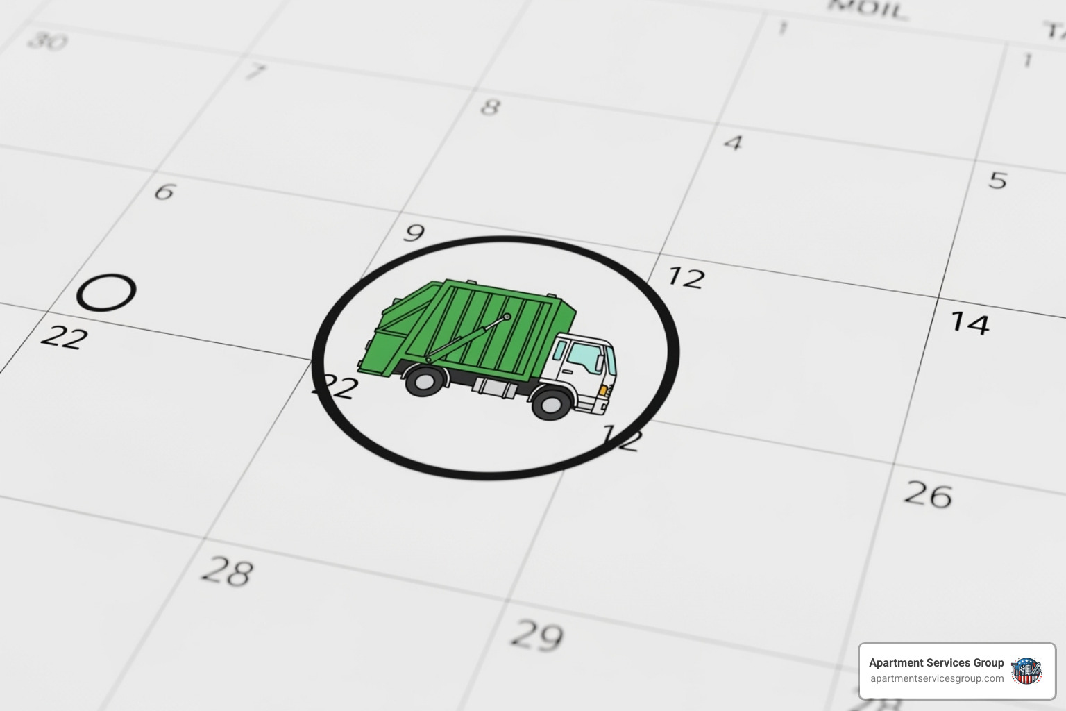 Calendar with a trash truck icon circled, symbolizing scheduling a pickup. - large item trash pickup