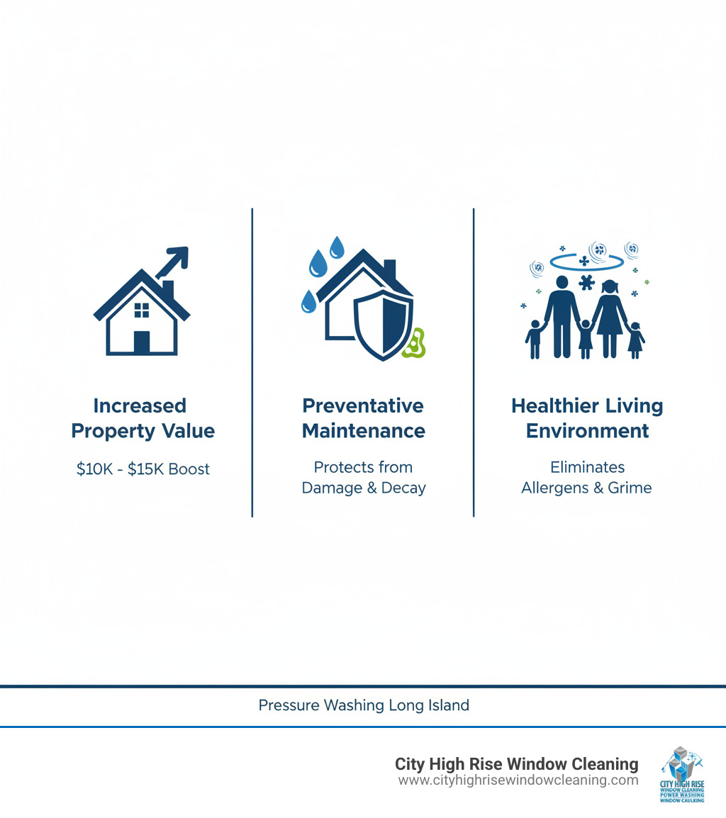 Infographic showing three columns: 1. Increased Property Value - home with upward arrow and $10k-$15k label, 2. Preventative Maintenance - shield protecting house from water droplets and mold, 3. Healthier Living Environment - family silhouette with allergen particles being removed - pressure washing long island infographic Infographic showing three columns: 1. Increased Property Value - home with upward arrow and $10k-$15k label, 2. Preventative Maintenance - shield protecting house from water droplets and mold, 3. Healthier Living Environment - family silhouette with allergen particles being removed - pressure washing long island infographic