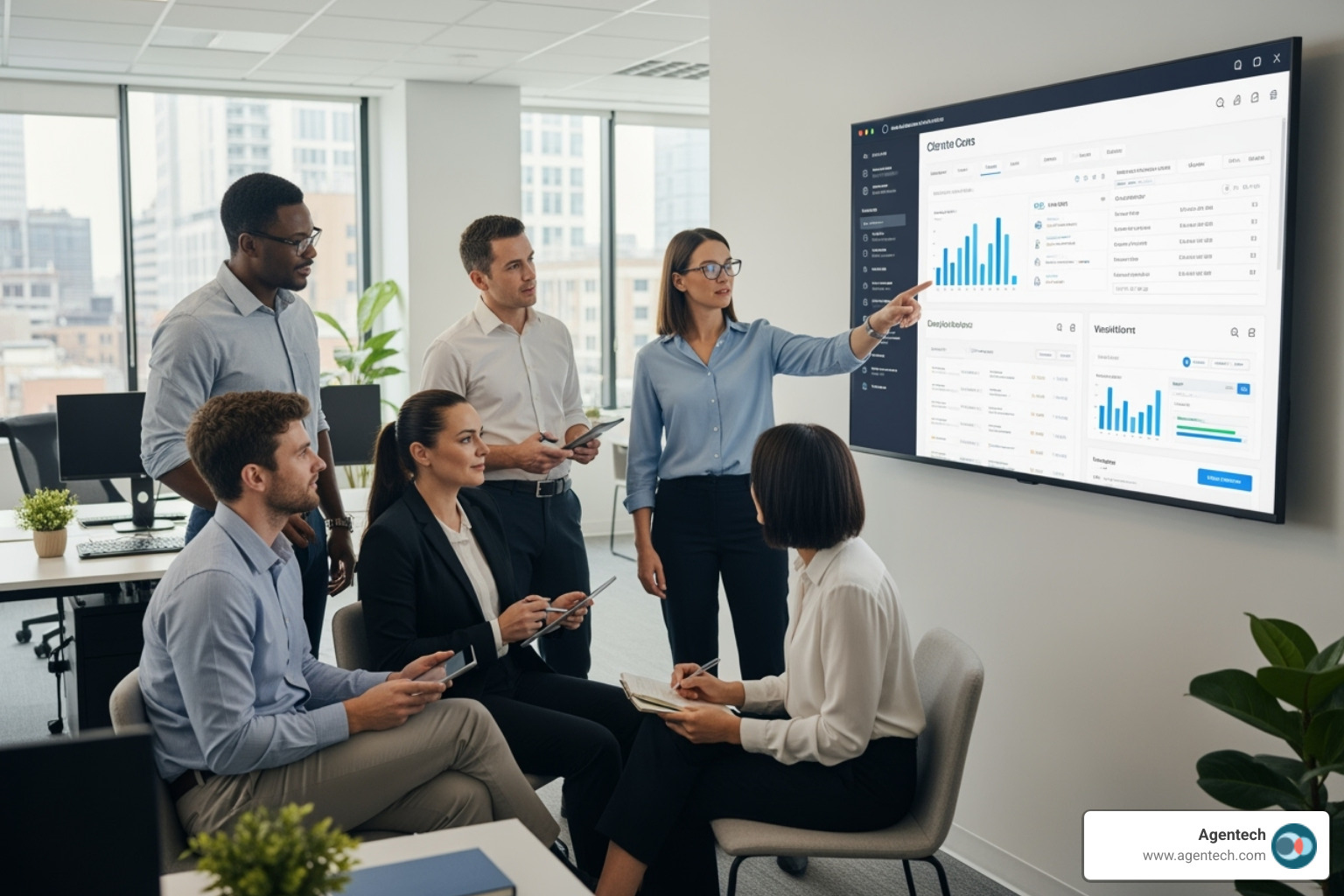 team of claims professionals collaborating around a screen showing a claims automation platform - automated claims processing