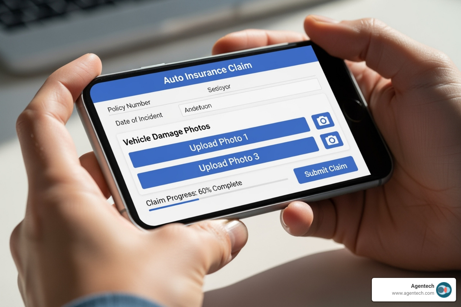 mobile phone screen showing a user submitting an auto insurance claim with photos - automated claims processing