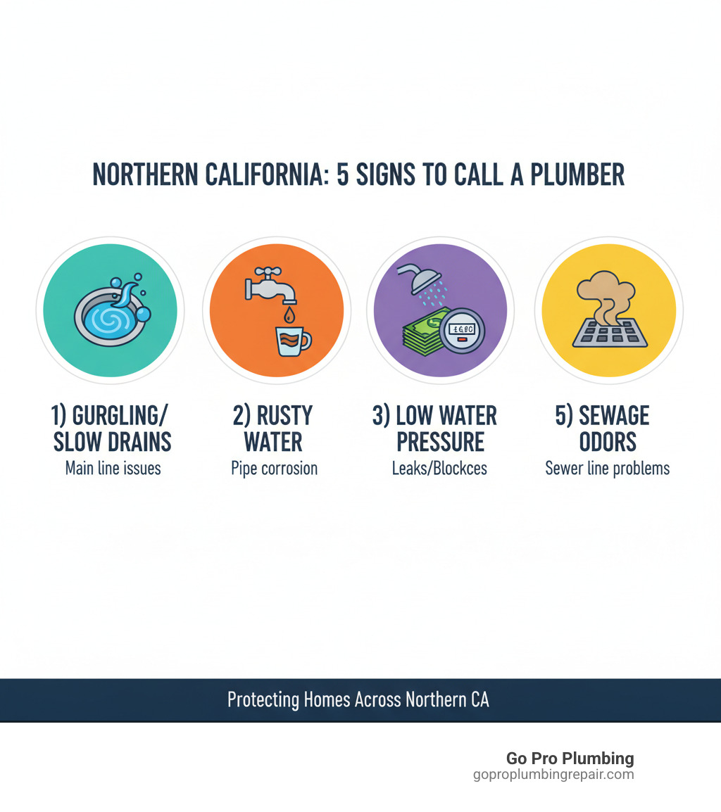 Infographic showing the top 5 signs you need to call a plumber in Northern California: 1) Gurgling or slow drains in multiple fixtures indicating main line issues, 2) Discolored rusty water suggesting pipe corrosion, 3) Sudden drops in water pressure pointing to leaks or blockages, 4) Unusually high water bills revealing hidden leaks, 5) Foul sewage odors from drains signaling sewer line problems - plumber Northern California infographic Infographic showing the top 5 signs you need to call a plumber in Northern California: 1) Gurgling or slow drains in multiple fixtures indicating main line issues, 2) Discolored rusty water suggesting pipe corrosion, 3) Sudden drops in water pressure pointing to leaks or blockages, 4) Unusually high water bills revealing hidden leaks, 5) Foul sewage odors from drains signaling sewer line problems - plumber Northern California infographic
