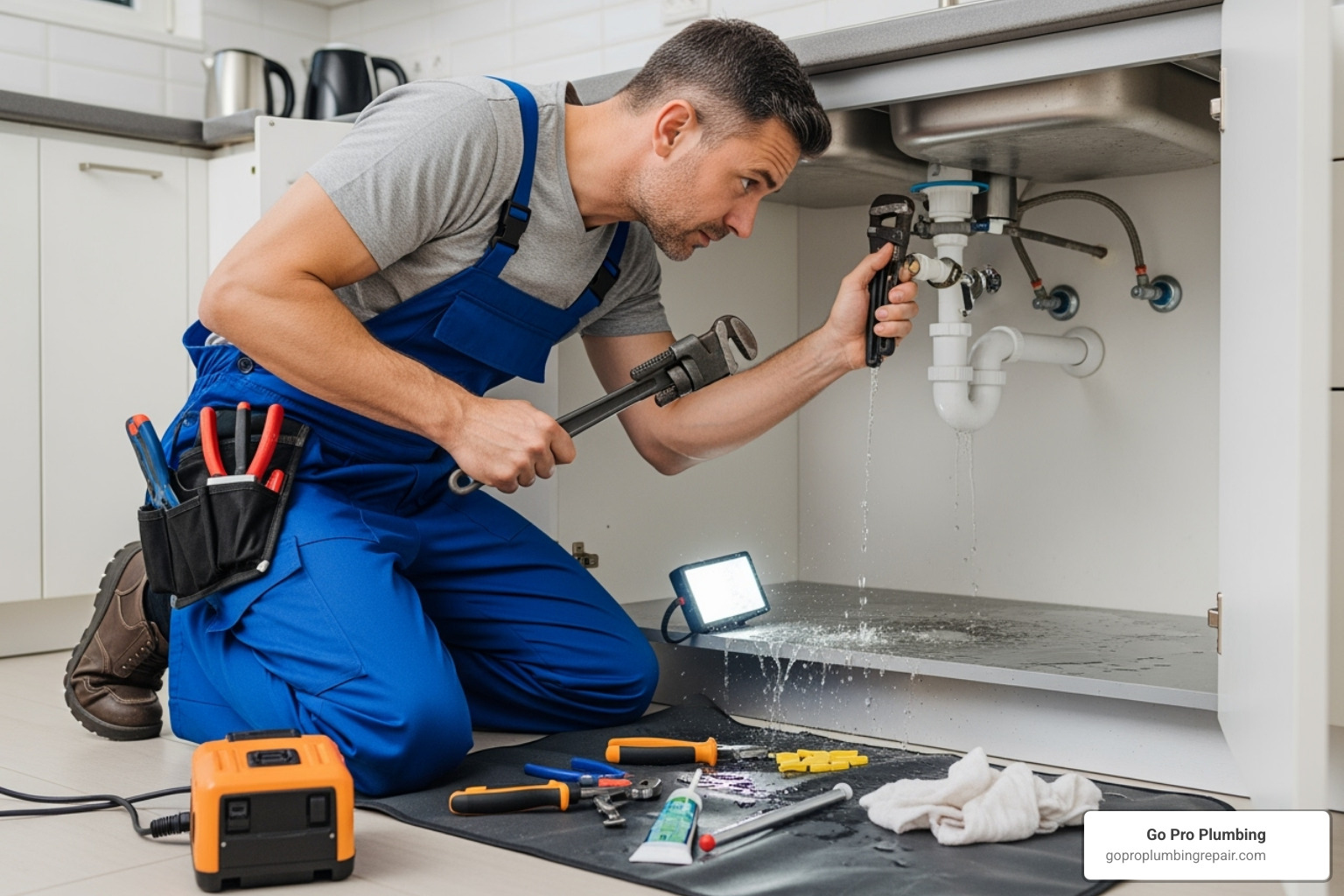 a plumber working on an emergency leak under a sink - plumber Northern California a plumber working on an emergency leak under a sink - plumber Northern California
