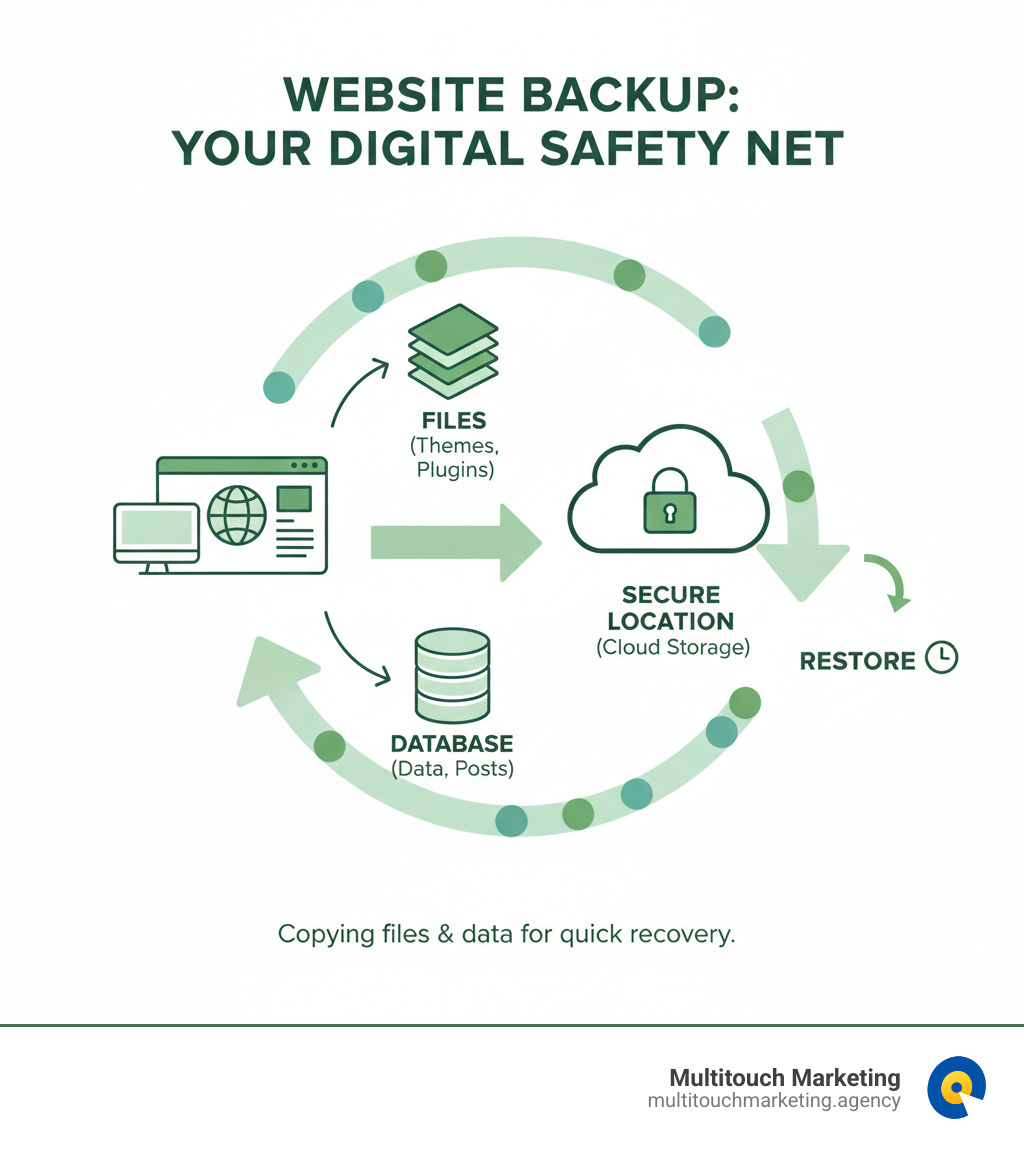 Infographic explaining the basic concept of a website backup: copying files and a database to a secure location for restoration. - Daily website backups infographic 