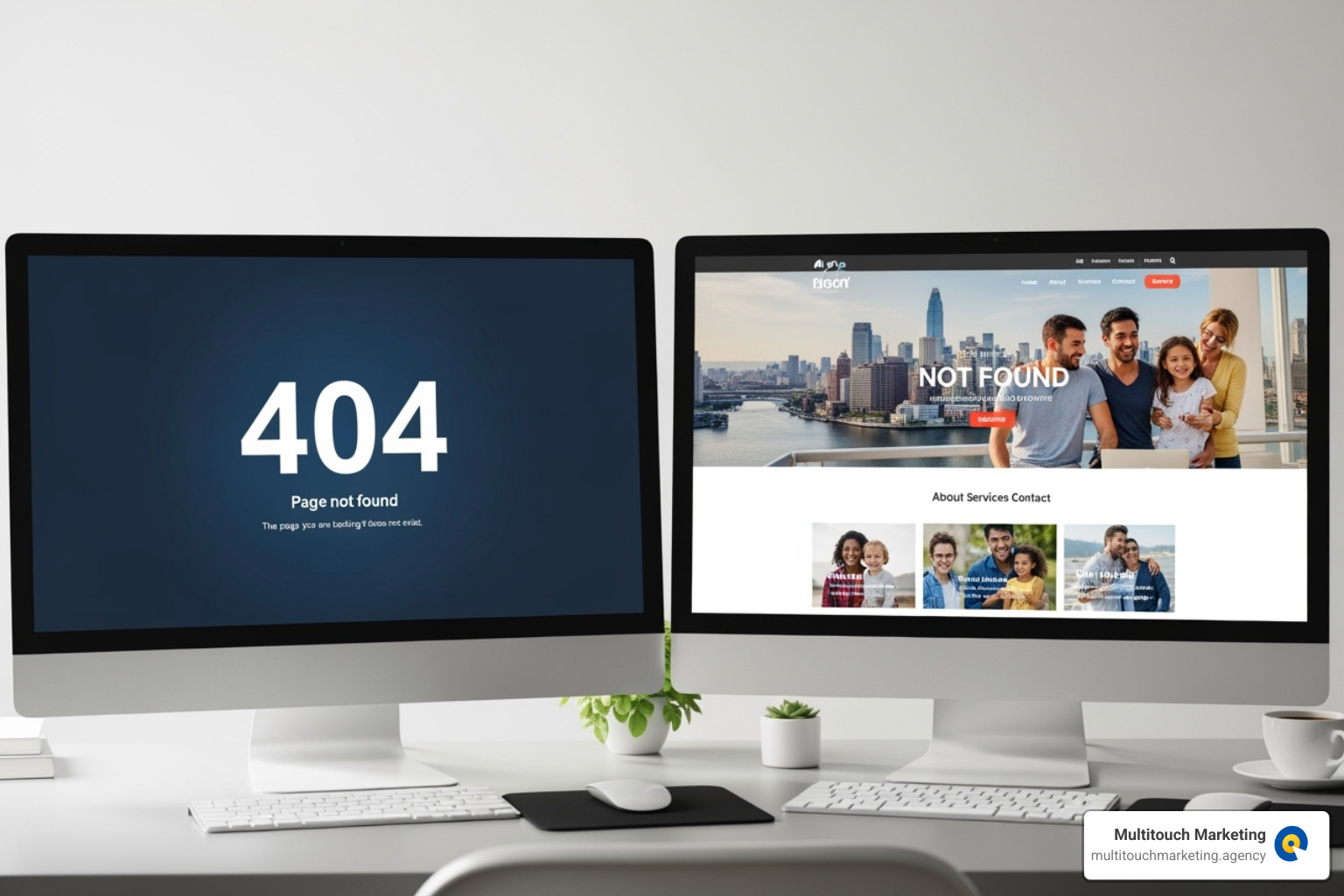 404 Error screen next to a functional website screen - Daily website backups