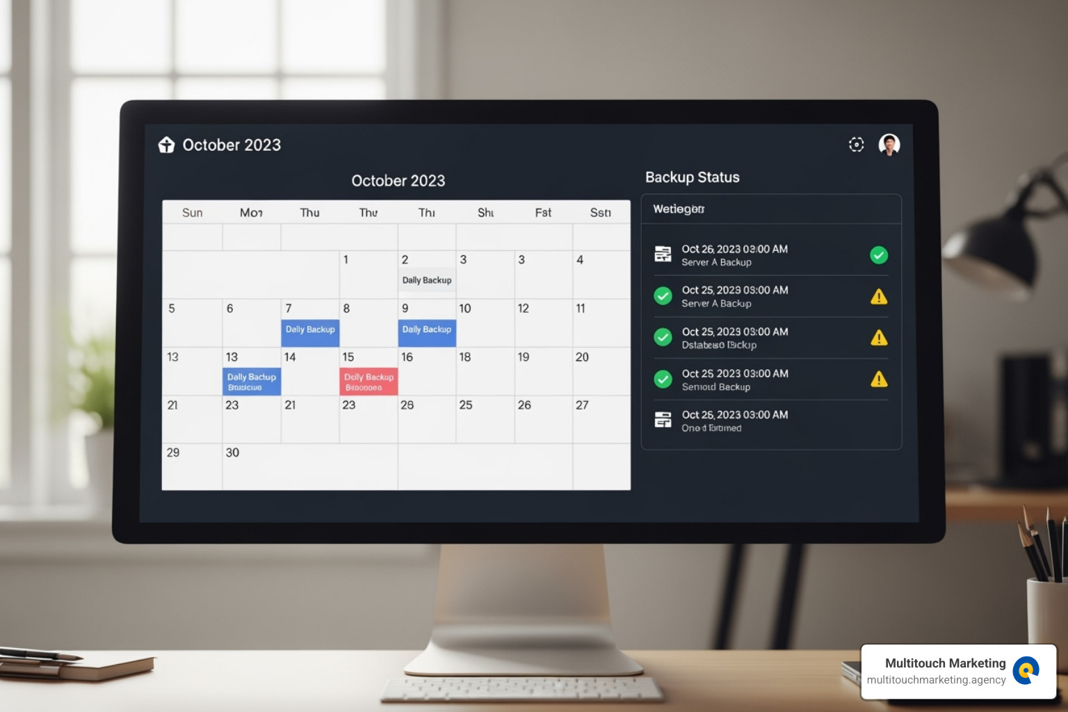 Dashboard showing a scheduled daily backup calendar - Daily website backups