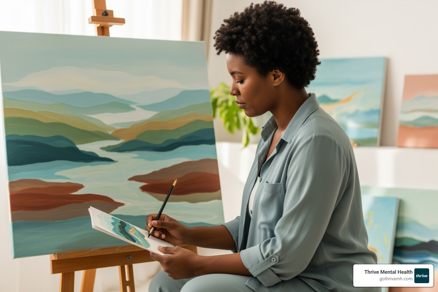 person quietly reflecting on their artwork, a painting with calming colors, in a sunlit room - art therapy activities for grief counseling person quietly reflecting on their artwork, a painting with calming colors, in a sunlit room - art therapy activities for grief counseling