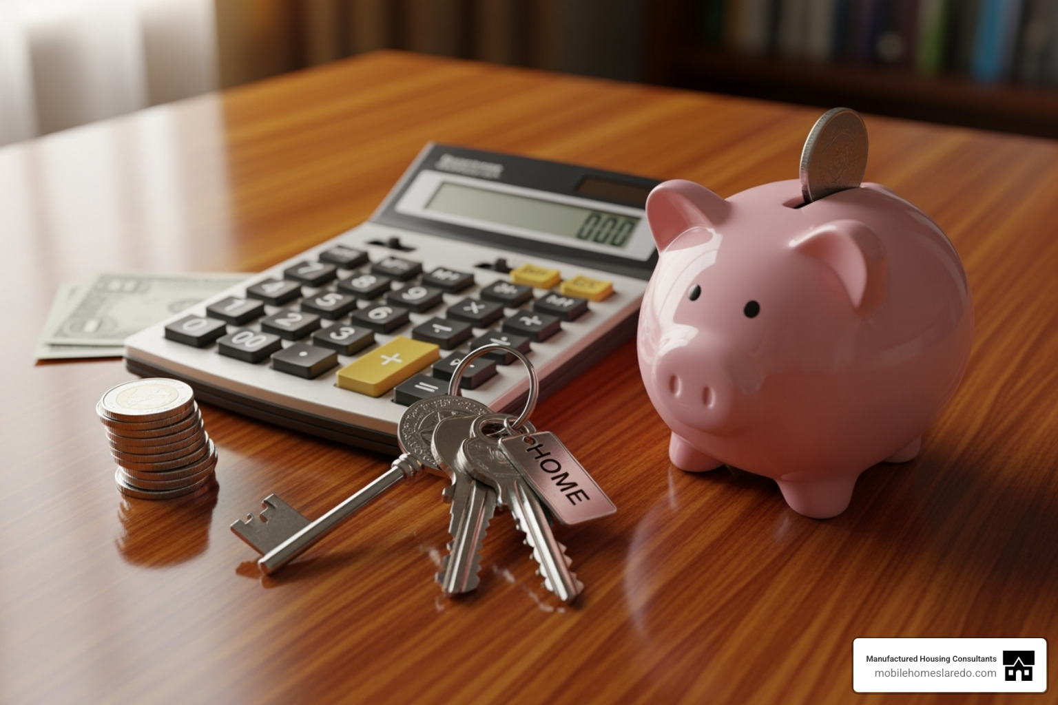 calculator with house keys and a piggy bank, symbolizing savings - trade in manufactured home