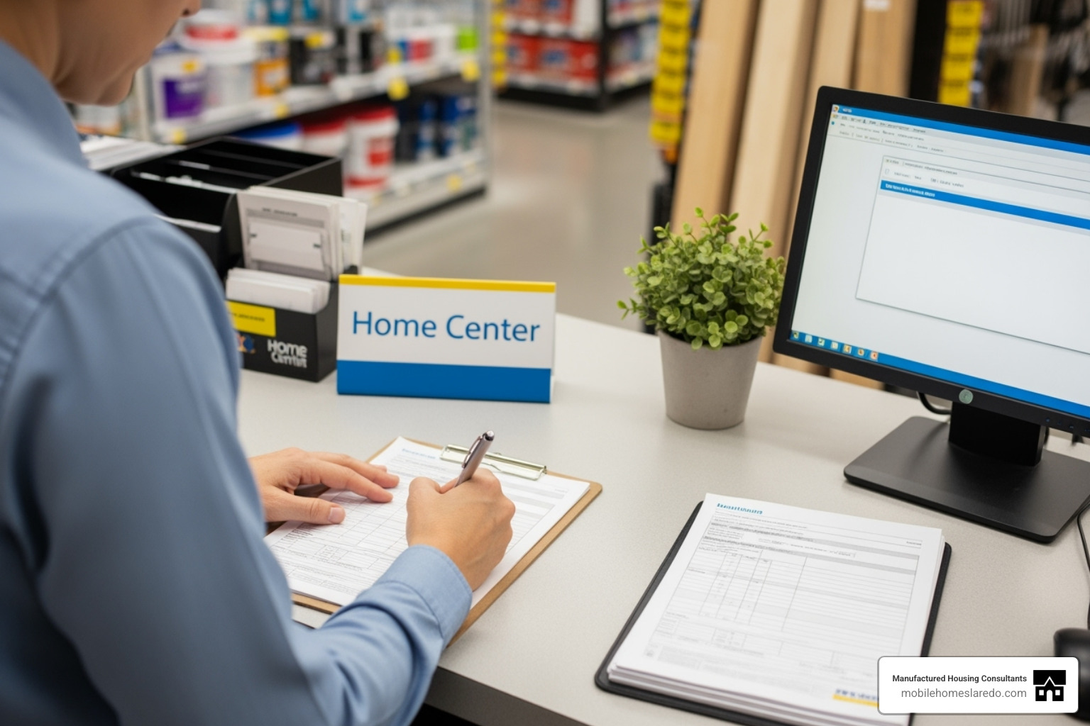 person signing paperwork at a home center desk - trade in manufactured home