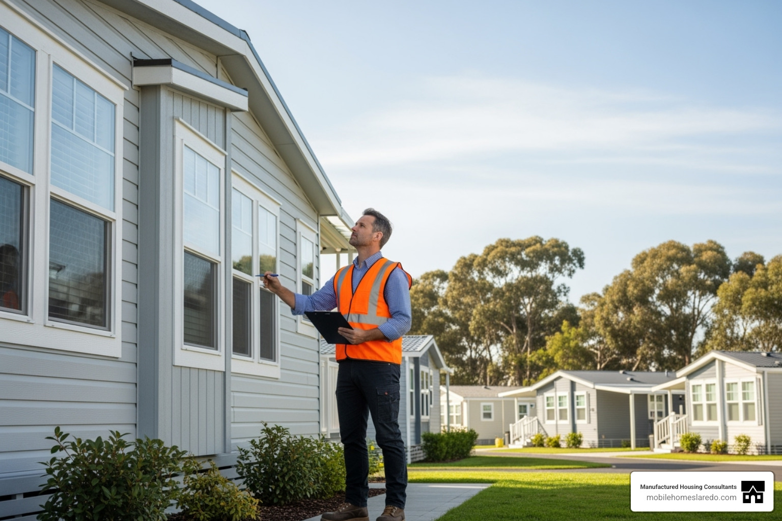home inspector assessing the exterior of a manufactured home - trade in manufactured home