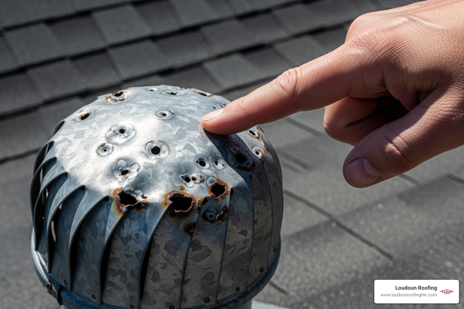 a hand pointing to dents on a metal roof vent caused by hail - post-storm roof inspection