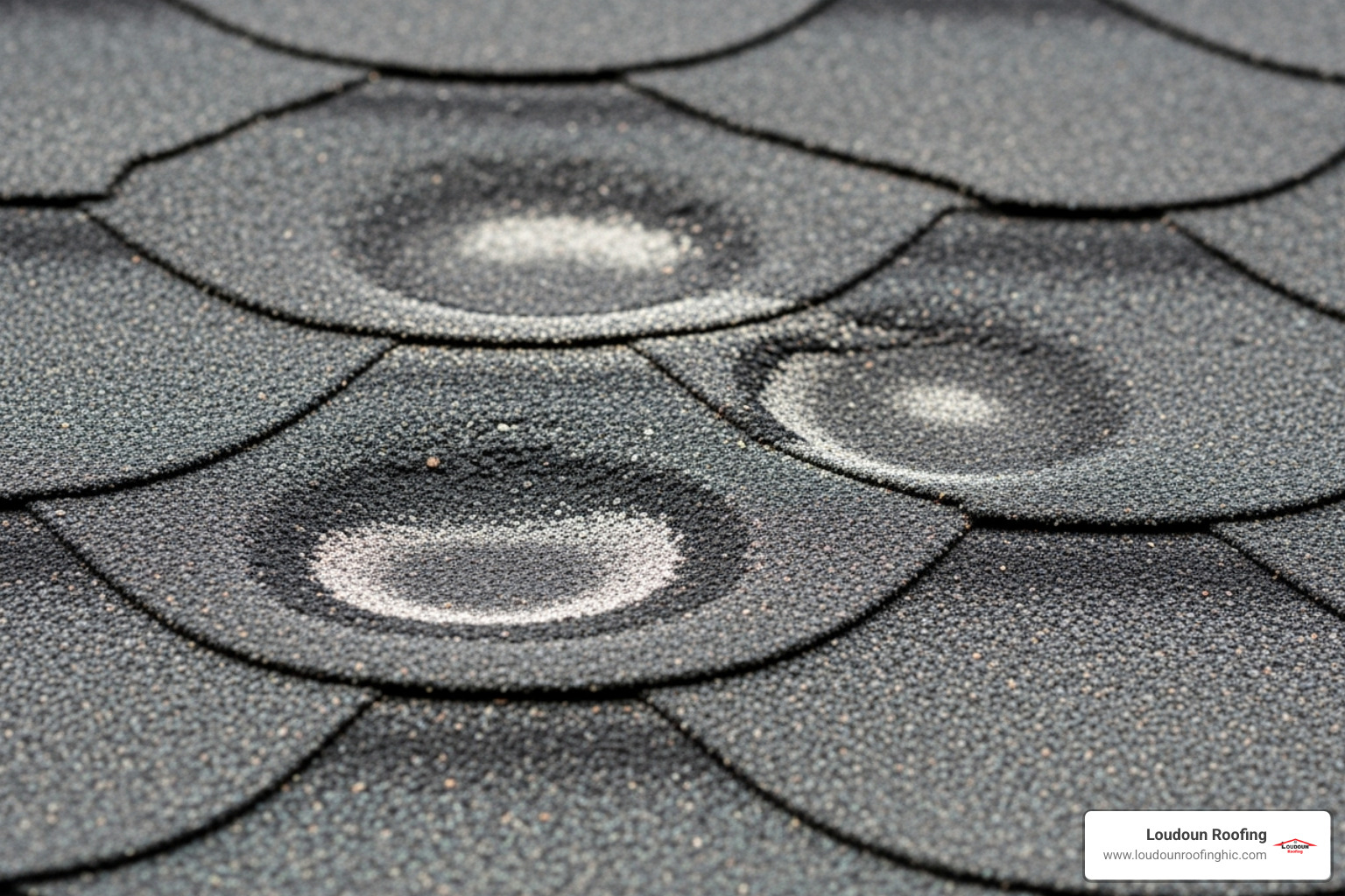 a close-up view of hail-damaged asphalt shingles showing circular bruises and granule loss - post-storm roof inspection