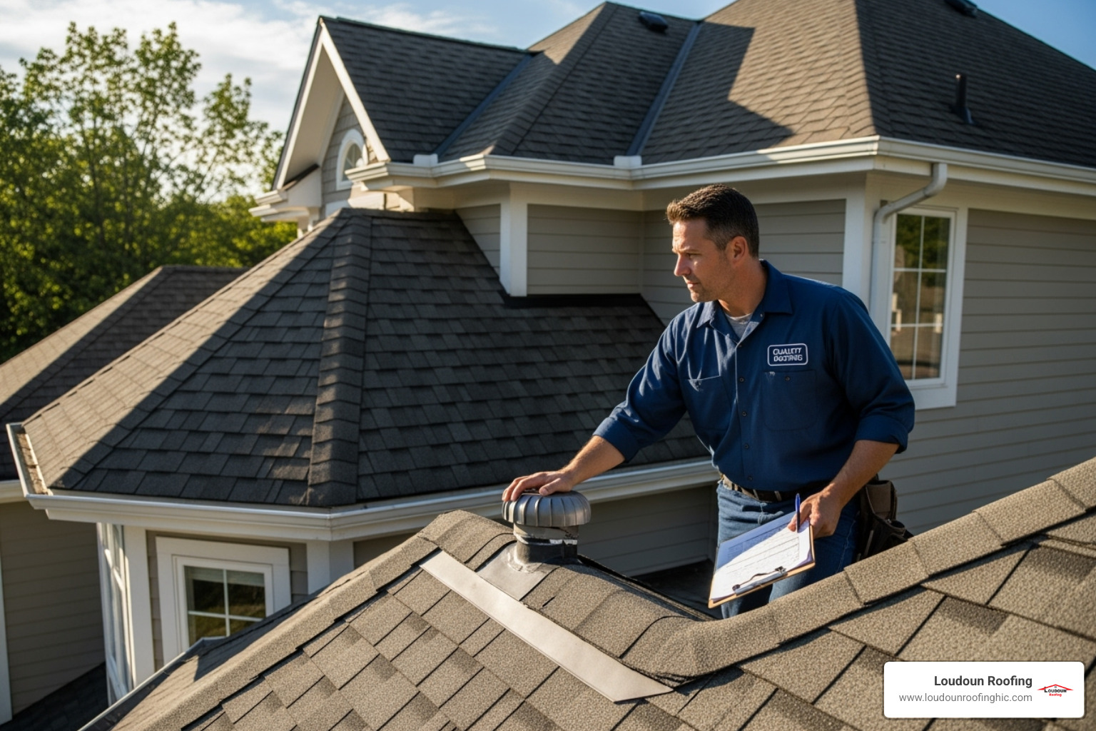 a professional roofer in uniform examining a roof, holding a clipboard - post-storm roof inspection