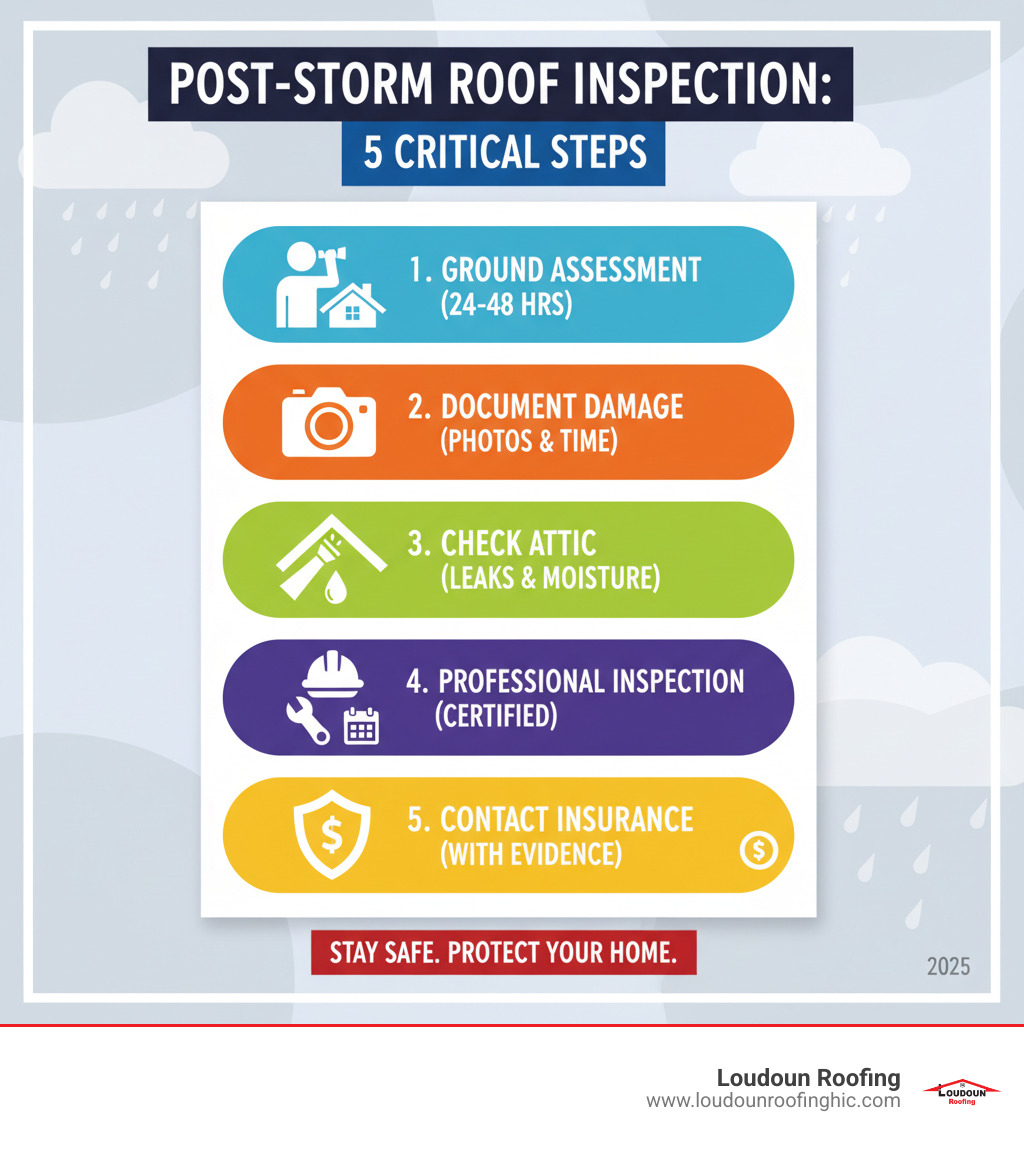 Infographic showing the 5 critical steps for post-storm roof inspection: 1) Conduct a safe ground-level assessment within 24-48 hours, 2) Document all visible damage with photos and timestamps, 3) Check your attic for leaks and moisture, 4) Schedule a professional inspection with a certified roofer, 5) Contact your insurance provider with documented evidence - post-storm roof inspection infographic 