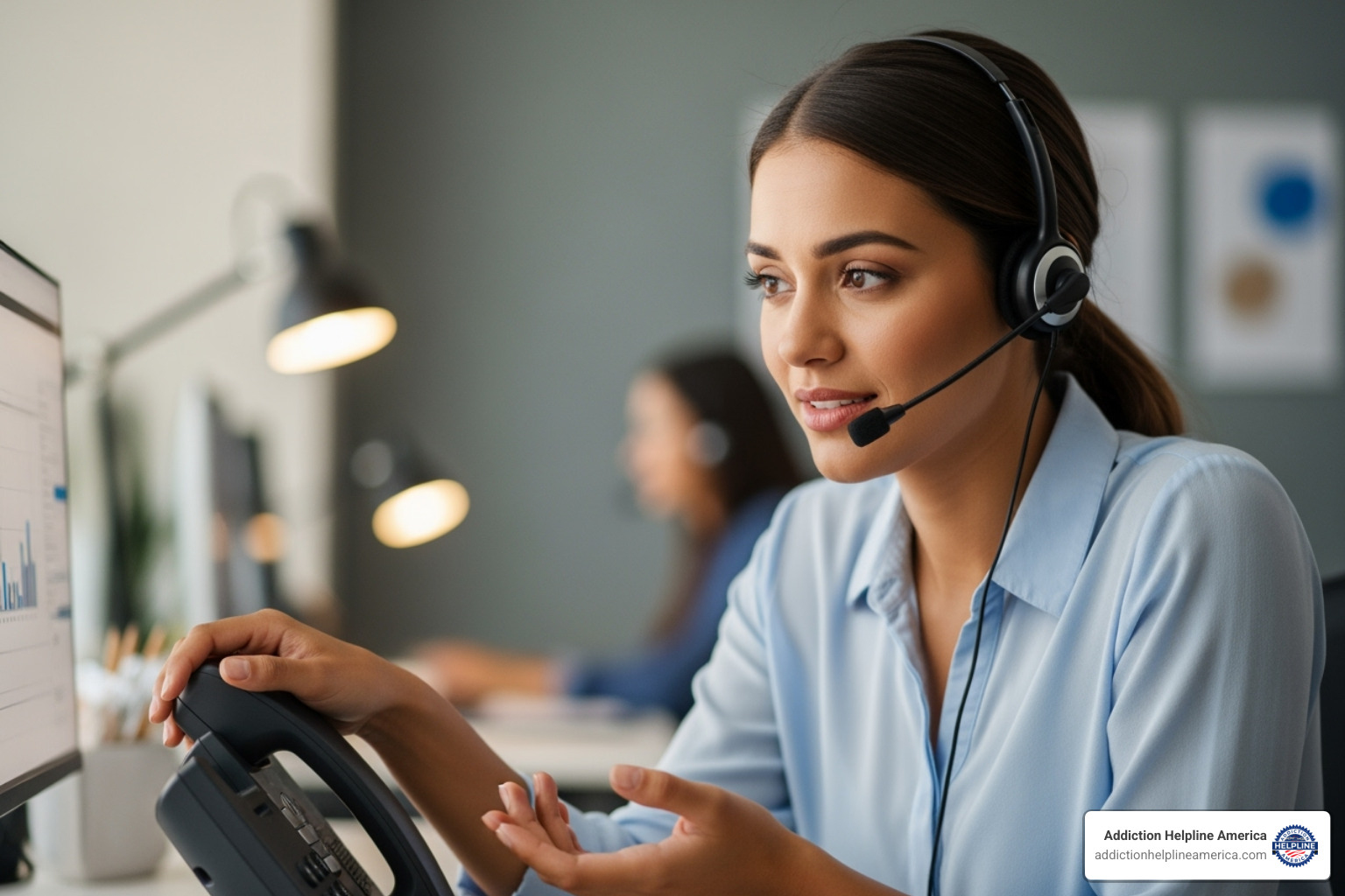 a compassionate helpline operator with a headset on - Addiction Hotlines in Alabama: Free Drug Abuse Help in AL a compassionate helpline operator with a headset on - Addiction Hotlines in Alabama: Free Drug Abuse Help in AL