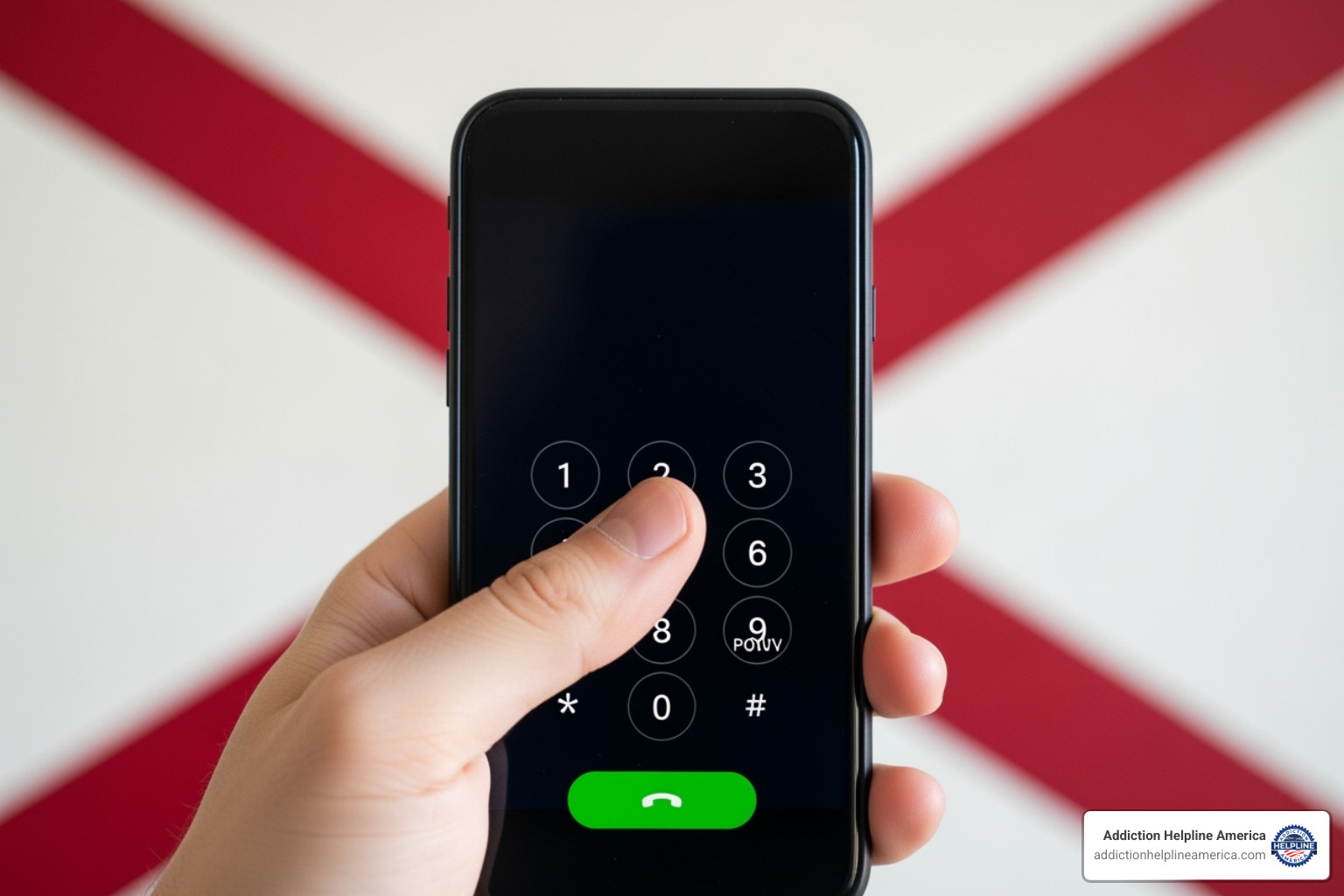 a hand dialing a number on a smartphone with a blurred background of the Alabama state flag - Addiction Hotlines in Alabama: Free Drug Abuse Help in AL a hand dialing a number on a smartphone with a blurred background of the Alabama state flag - Addiction Hotlines in Alabama: Free Drug Abuse Help in AL