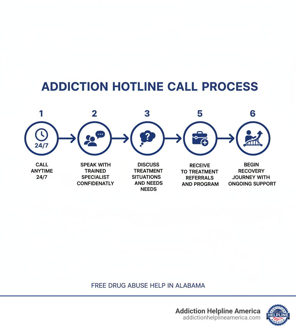 Infographic showing the addiction hotline call process: 1) Call anytime 24/7, 2) Speak with trained specialist confidentially, 3) Discuss your situation and needs, 4) Receive treatment referrals and resources, 5) Connect to appropriate care program, 6) Begin recovery journey with ongoing support - Addiction Hotlines in Alabama: Free Drug Abuse Help in AL infographic Infographic showing the addiction hotline call process: 1) Call anytime 24/7, 2) Speak with trained specialist confidentially, 3) Discuss your situation and needs, 4) Receive treatment referrals and resources, 5) Connect to appropriate care program, 6) Begin recovery journey with ongoing support - Addiction Hotlines in Alabama: Free Drug Abuse Help in AL infographic