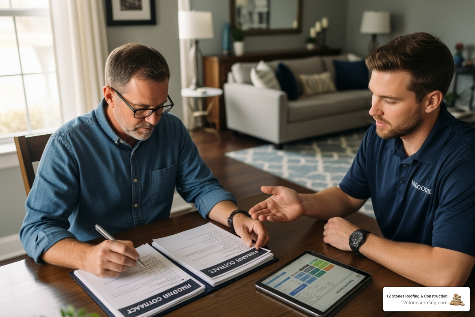 homeowner reviewing a roofing contract and financing options - metal roof installation cost homeowner reviewing a roofing contract and financing options - metal roof installation cost