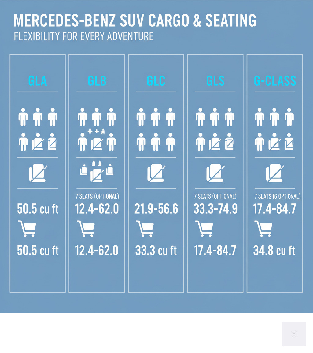Infographic showing cargo capacity and seating configurations for Mercedes-Benz SUVs, using icons for passengers and folded seats - GLC, G Class, gle, gl4, glb, gls infographic Infographic showing cargo capacity and seating configurations for Mercedes-Benz SUVs, using icons for passengers and folded seats - GLC, G Class, gle, gl4, glb, gls infographic