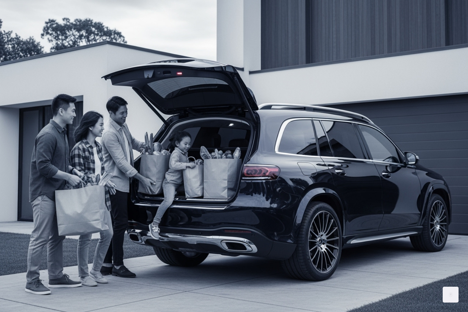 Family loading groceries into the back of a Mercedes-Benz GLS in a suburban setting - GLC, G Class, gle, gl4, glb, gls Family loading groceries into the back of a Mercedes-Benz GLS in a suburban setting - GLC, G Class, gle, gl4, glb, gls