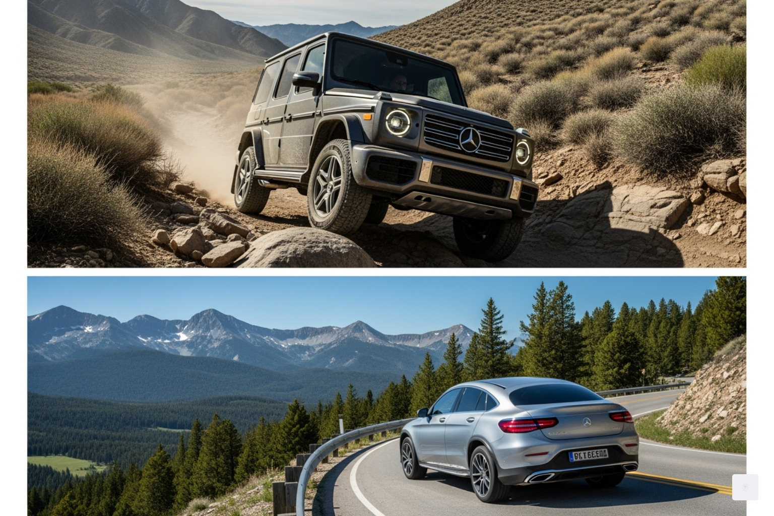 Mercedes-Benz G-Class on a rugged trail and a GLC Coupe on a winding road - GLC, G Class, gle, gl4, glb, gls Mercedes-Benz G-Class on a rugged trail and a GLC Coupe on a winding road - GLC, G Class, gle, gl4, glb, gls