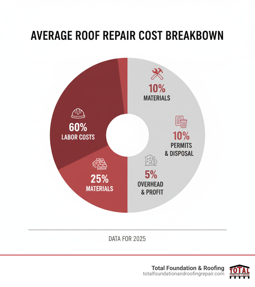 Infographic showing the average cost breakdown of a typical roof repair: 60% labor costs, 25% materials, 10% permits and disposal, 5% overhead and profit margin - roof repair cost infographic 