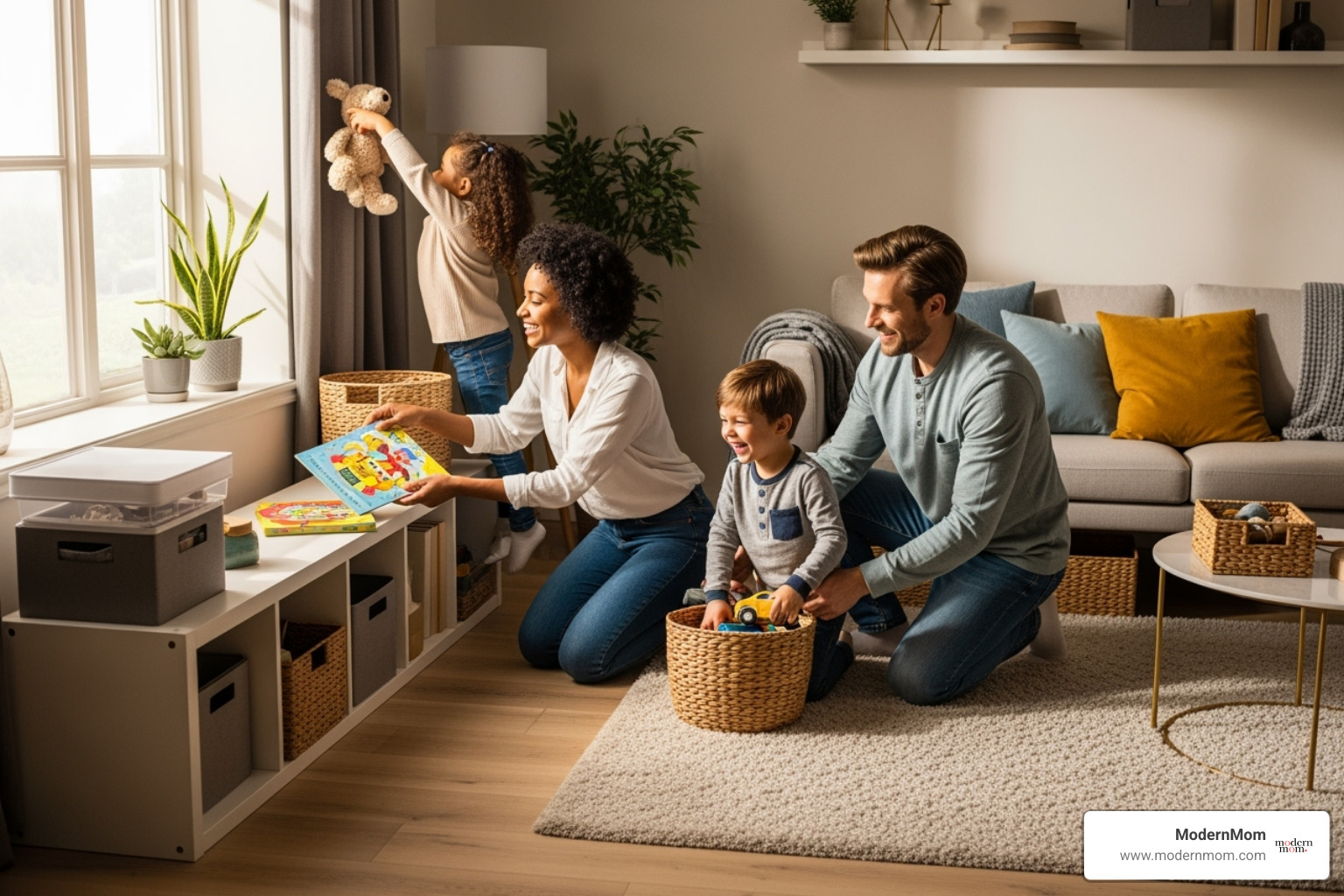 family putting items away together in an organized living room - cleaning and decluttering hacks