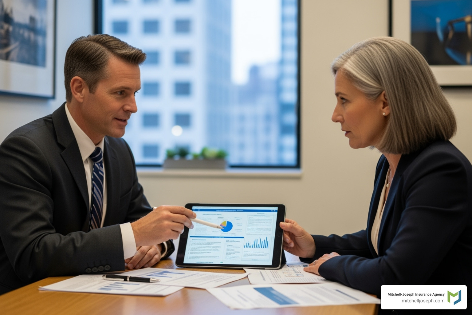 insurance agent discussing policy with business owner - cosmetic product liability insurance