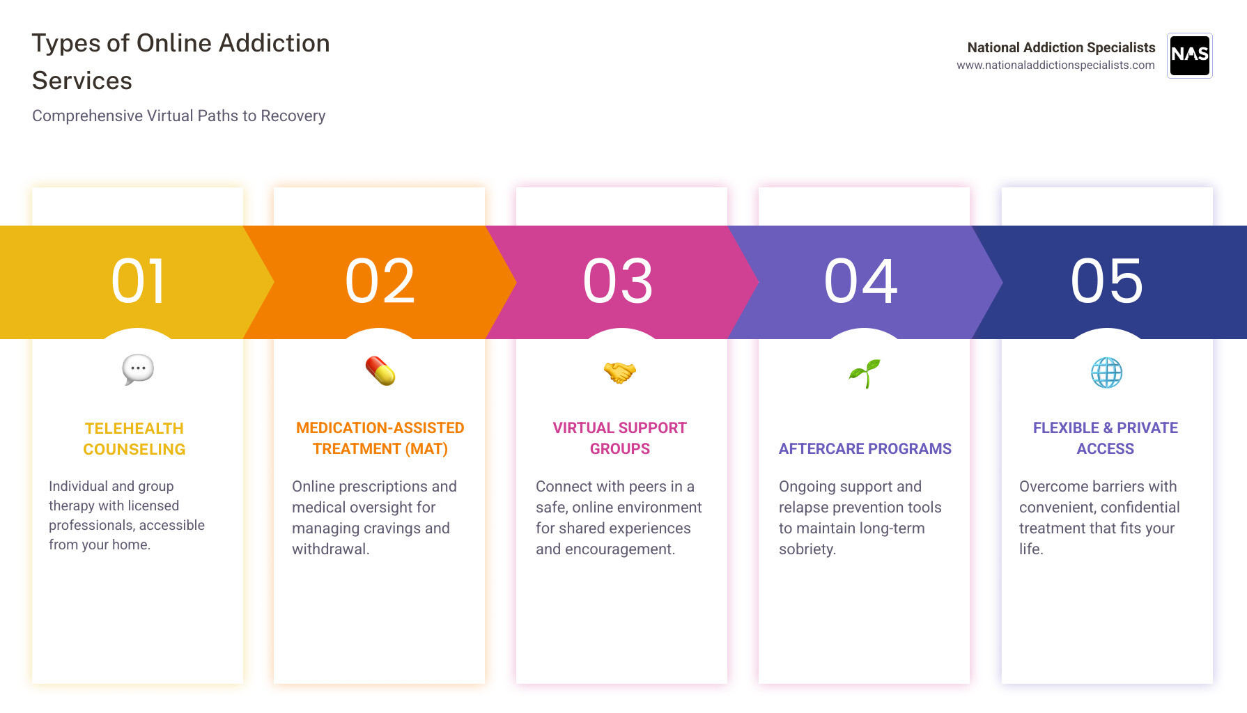 Infographic showing types of online addiction services including telehealth counseling, medication-assisted treatment, virtual support groups, and aftercare programs with icons for privacy, flexibility, and accessibility - Online addiction services infographic pillar-5-steps