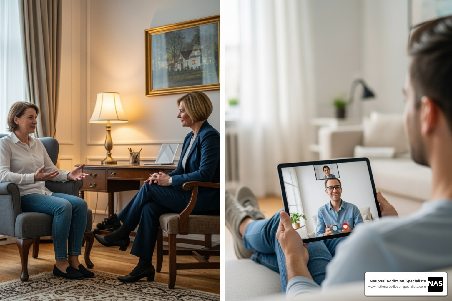 Split screen showing a person in a traditional therapy office vs. a person in a virtual session at home - Online addiction services