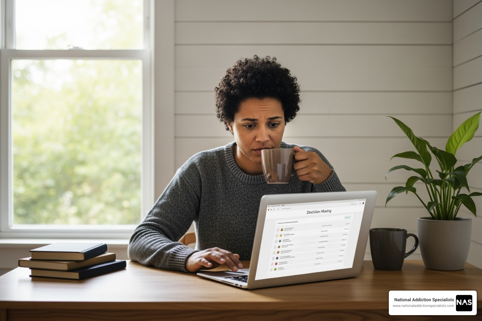 Person thoughtfully looking at a laptop screen, considering their options - Online addiction services